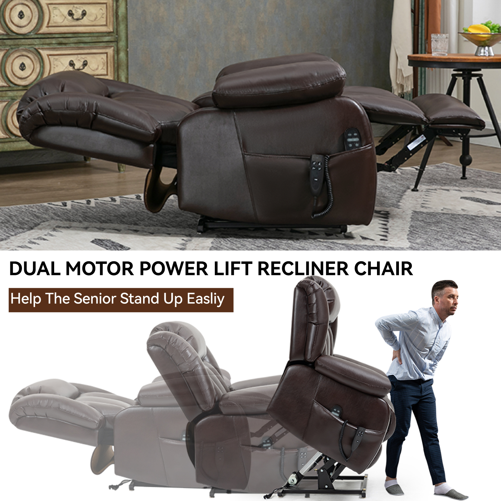Dual Motor Infinite Position Up to 350 LBS Electric Medium size Brown/Gray/Black/Antique Brown Power Lift Recliner Chair with 8-Point Vibration Massage and Lumbar Heating