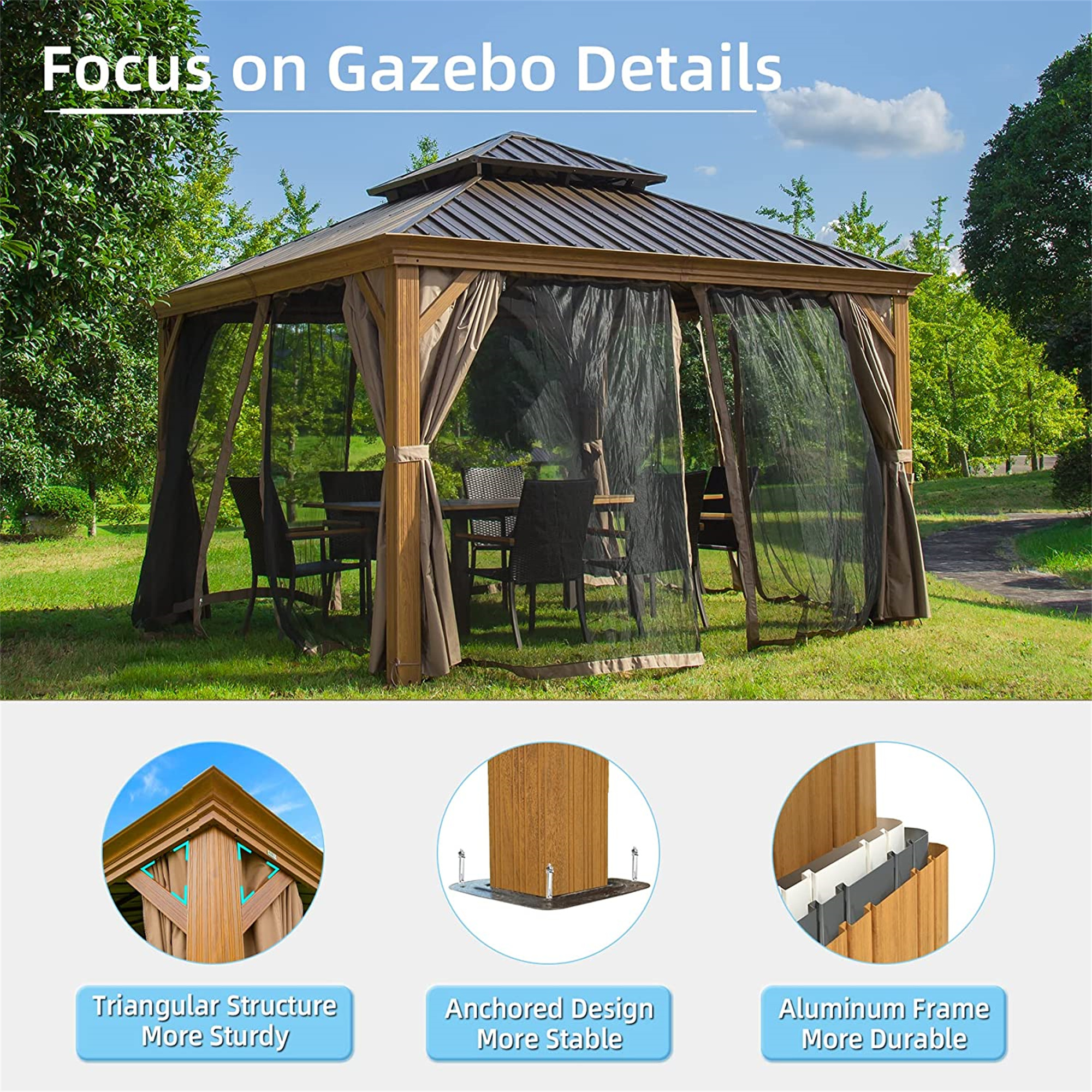 Hardtop Gazebo, Wooden Coated Aluminum Frame Canopy with Galvanized Steel Double Roof, Outdoor Permanent Metal Pavilion with Curtains and Netting for Patio, Deck and Lawn(Wood-Looking)