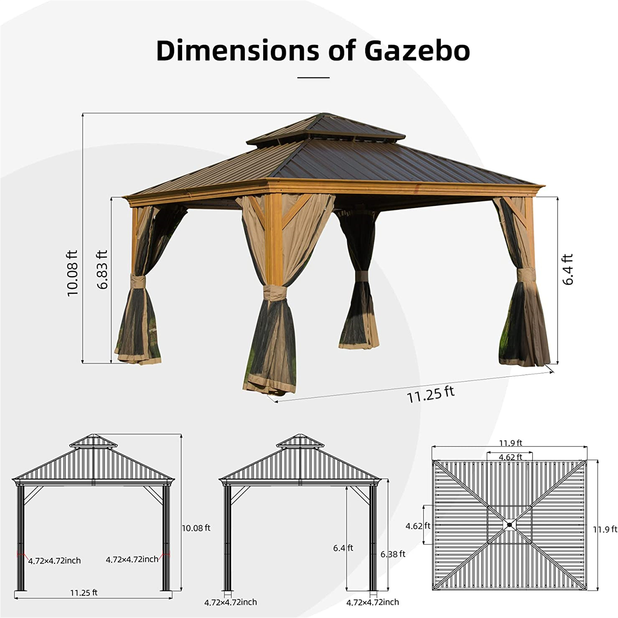 Hardtop Gazebo, Wooden Coated Aluminum Frame Canopy with Galvanized Steel Double Roof, Outdoor Permanent Metal Pavilion with Curtains and Netting for Patio, Deck and Lawn(Wood-Looking)