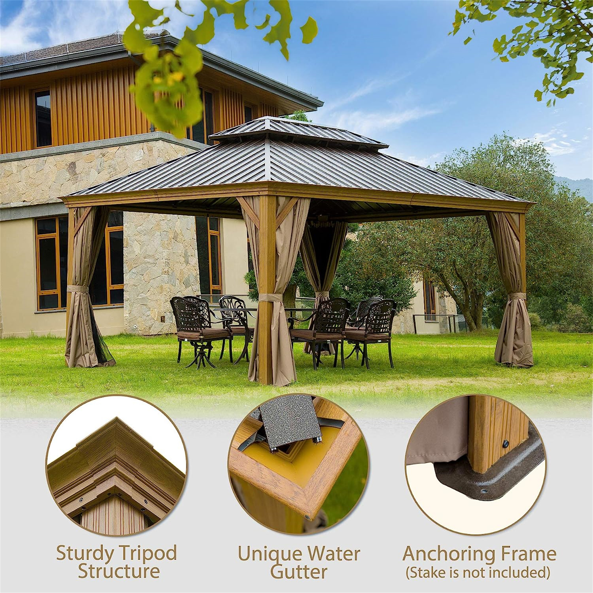 Hardtop Gazebo, Wooden Coated Aluminum Frame Canopy with Galvanized Steel Double Roof, Outdoor Permanent Metal Pavilion with Curtains and Netting for Patio, Deck and Lawn(Wood-Looking)