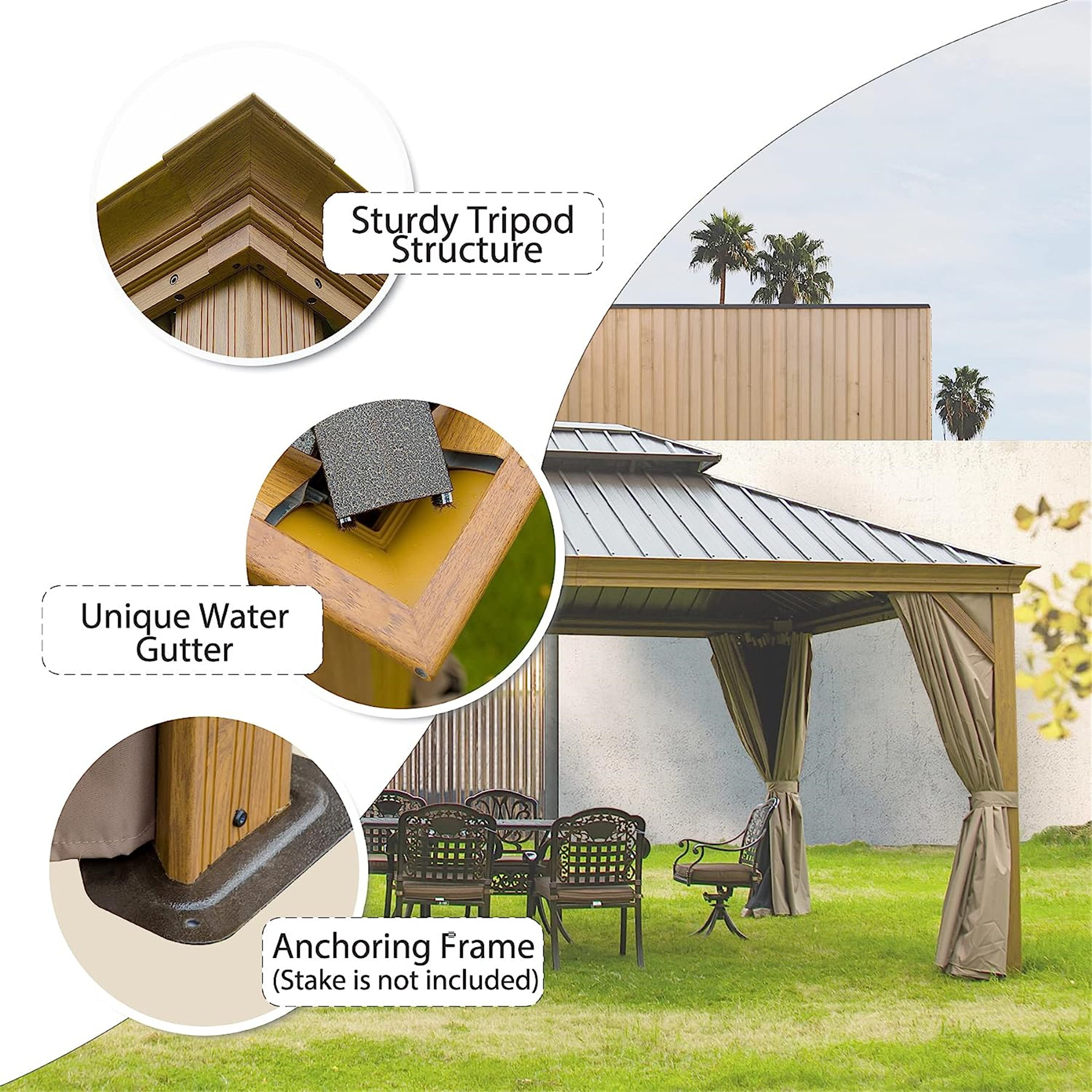 Hardtop Gazebo, Wooden Coated Aluminum Frame Canopy with Galvanized Steel Double Roof, Outdoor Permanent Metal Pavilion with Curtains and Netting for Patio, Deck and Lawn(Wood-Looking)