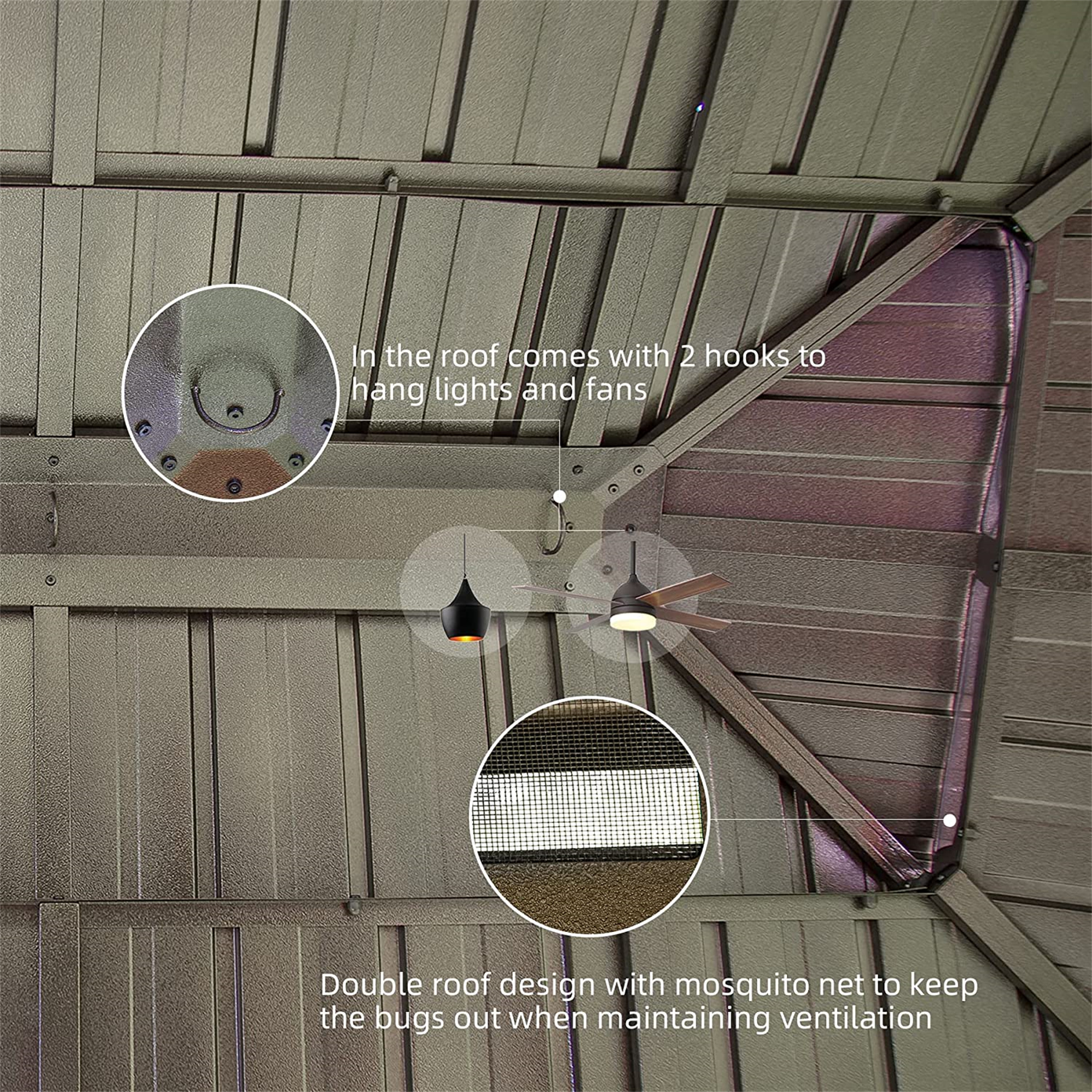 Hardtop Gazebo, Wooden Coated Aluminum Frame Canopy with Galvanized Steel Double Roof, Outdoor Permanent Metal Pavilion with Curtains and Netting for Patio, Deck and Lawn(Wood-Looking)