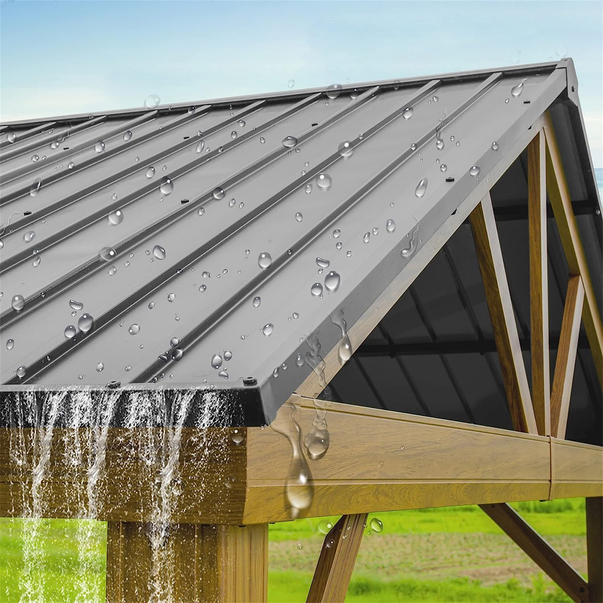 Mondawe 12x14 ft Outdoor Aluminum Hardtop Gazebo with Galvanized Steel Gable Canopy for Patio Decks Backyard Yellow-Brown