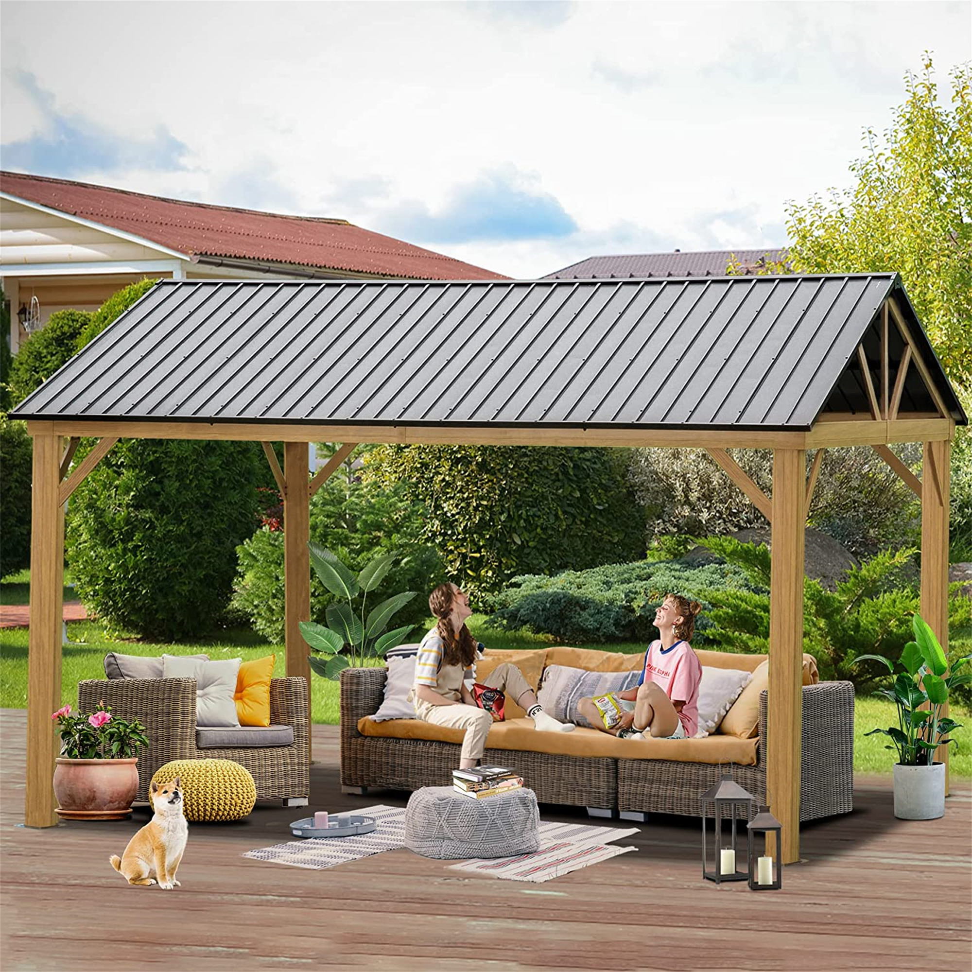 Mondawe 12x14 ft Outdoor Aluminum Hardtop Gazebo with Galvanized Steel Gable Canopy for Patio Decks Backyard Yellow-Brown