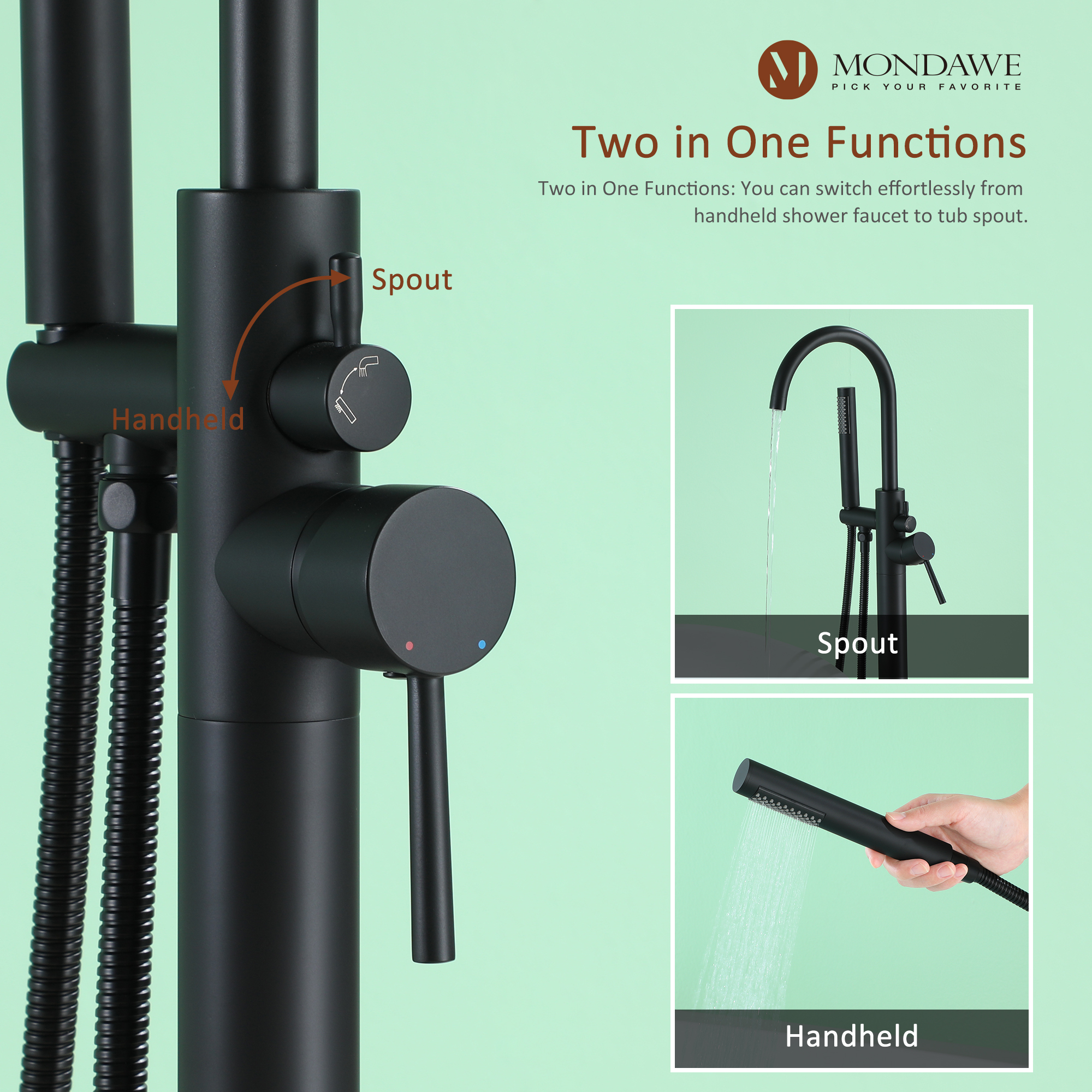 Mondawe Freestanding Shower Head For Matte Black Bathtub Faucet With Solid Brass Body-Mondawe