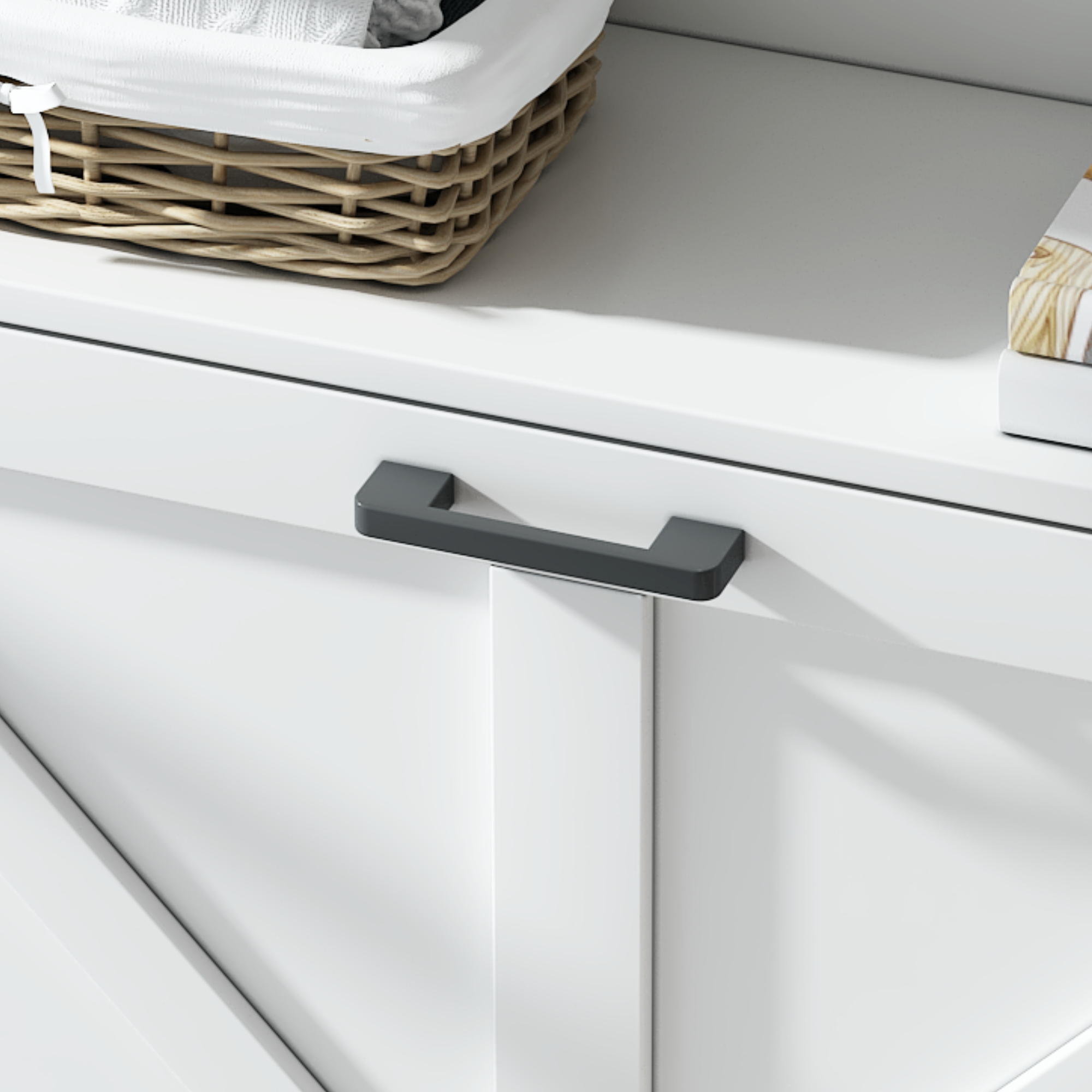 Farmhouse Shoe Storage Cabinet with Barn Door Design, Shoe Organizer with 2 Flip Drawers, Freestanding Narrow Shoe Rack Cabinet with Open Storage for Entryway,Foyer,Hallway,(Antique White/Natural Wood) 