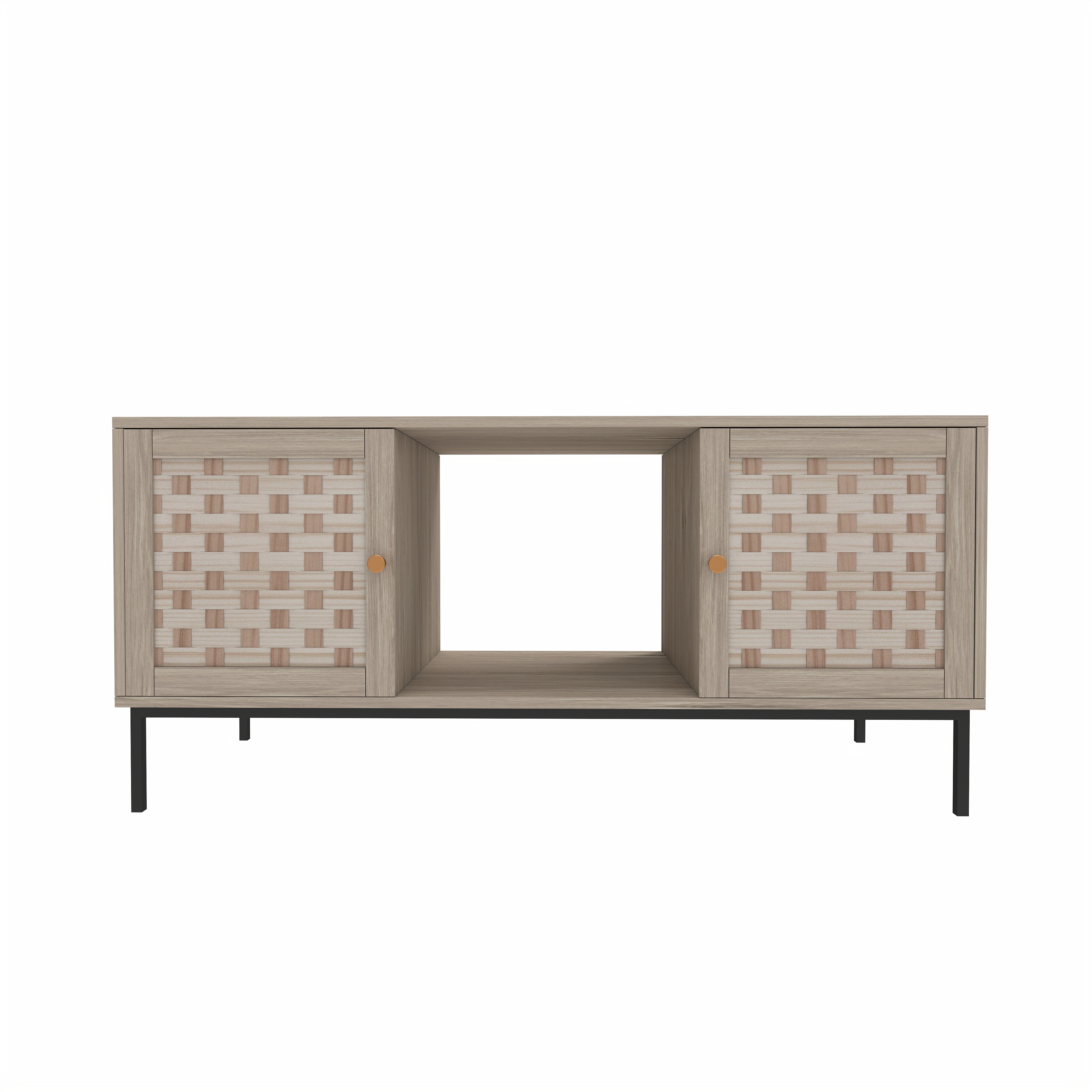 Elegant Veener Weaving Design Coffee Table with 4 Sliding Door, Wooden Center Rectangular Table with Symmetrical Design Storage Cabinet 