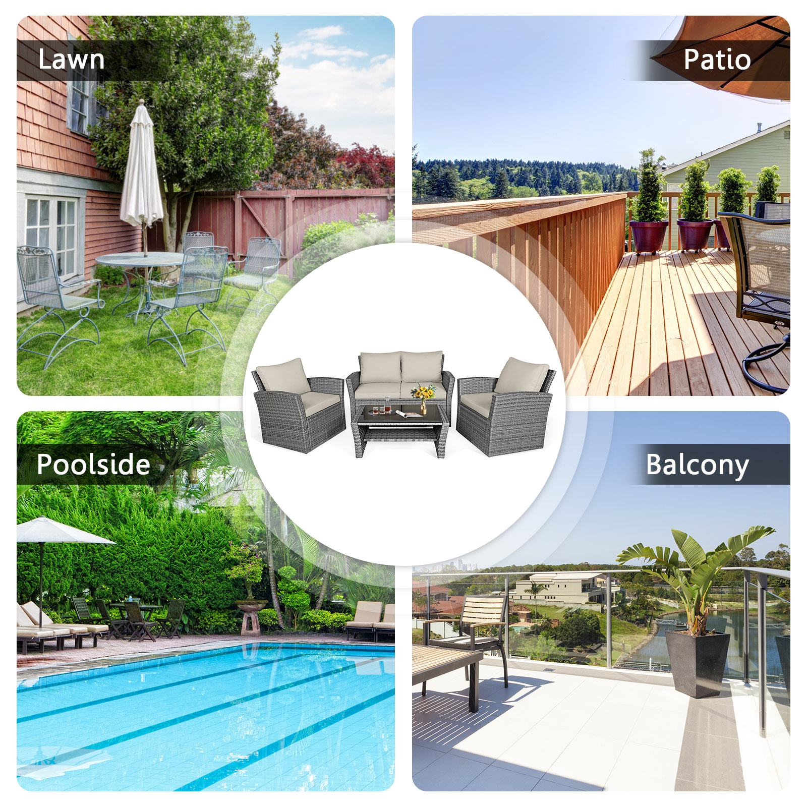 Mondawe 4 Pcs Patio Rattan Furniture Set Sofa Table with Storage Shelf Cushion-Khaki-Mondawe