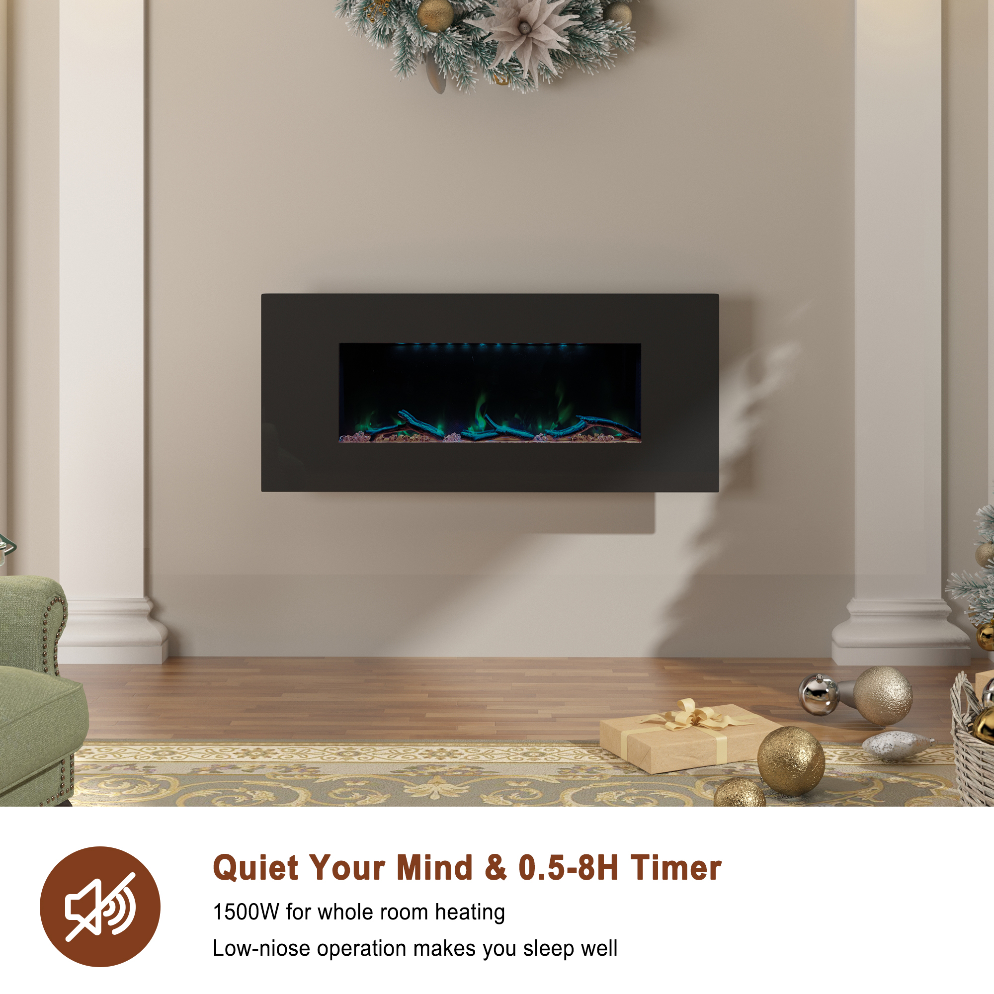 5120 BTU 42/50/60/72 in. Wall-Mounted Black Electric Fireplace Insert with 2-Speaker Stereo Sound