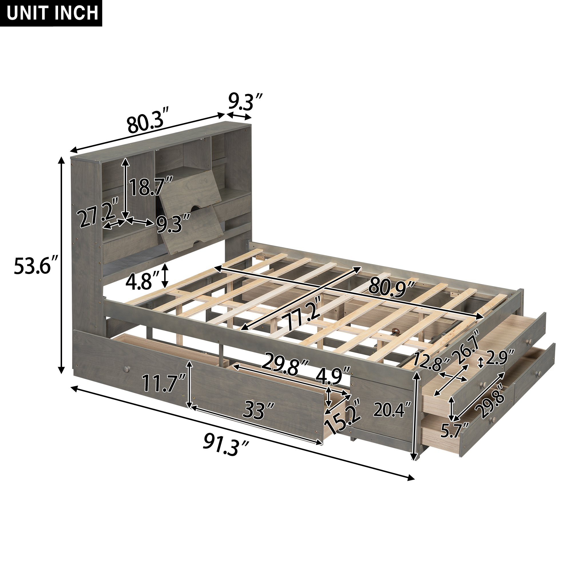 Queen/King Size Platform Bed with Storage Headboard and 8 Drawers, White/Gray