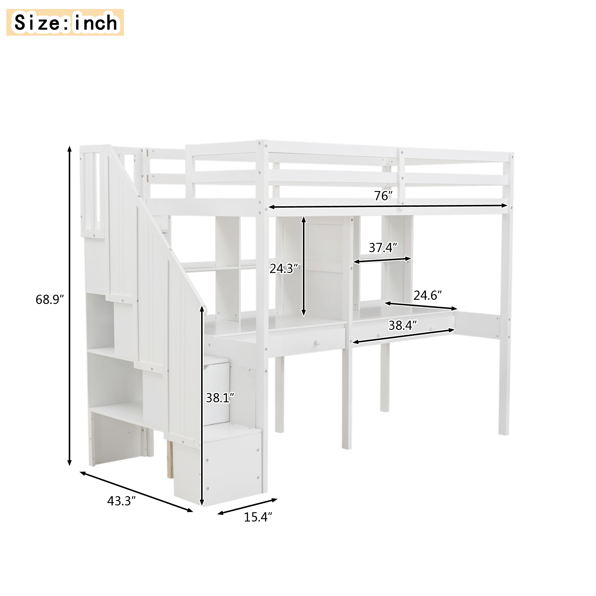 Twin Size Loft Bed Frame with Storage Staircase and Double Desks and Shelves,Gray/White