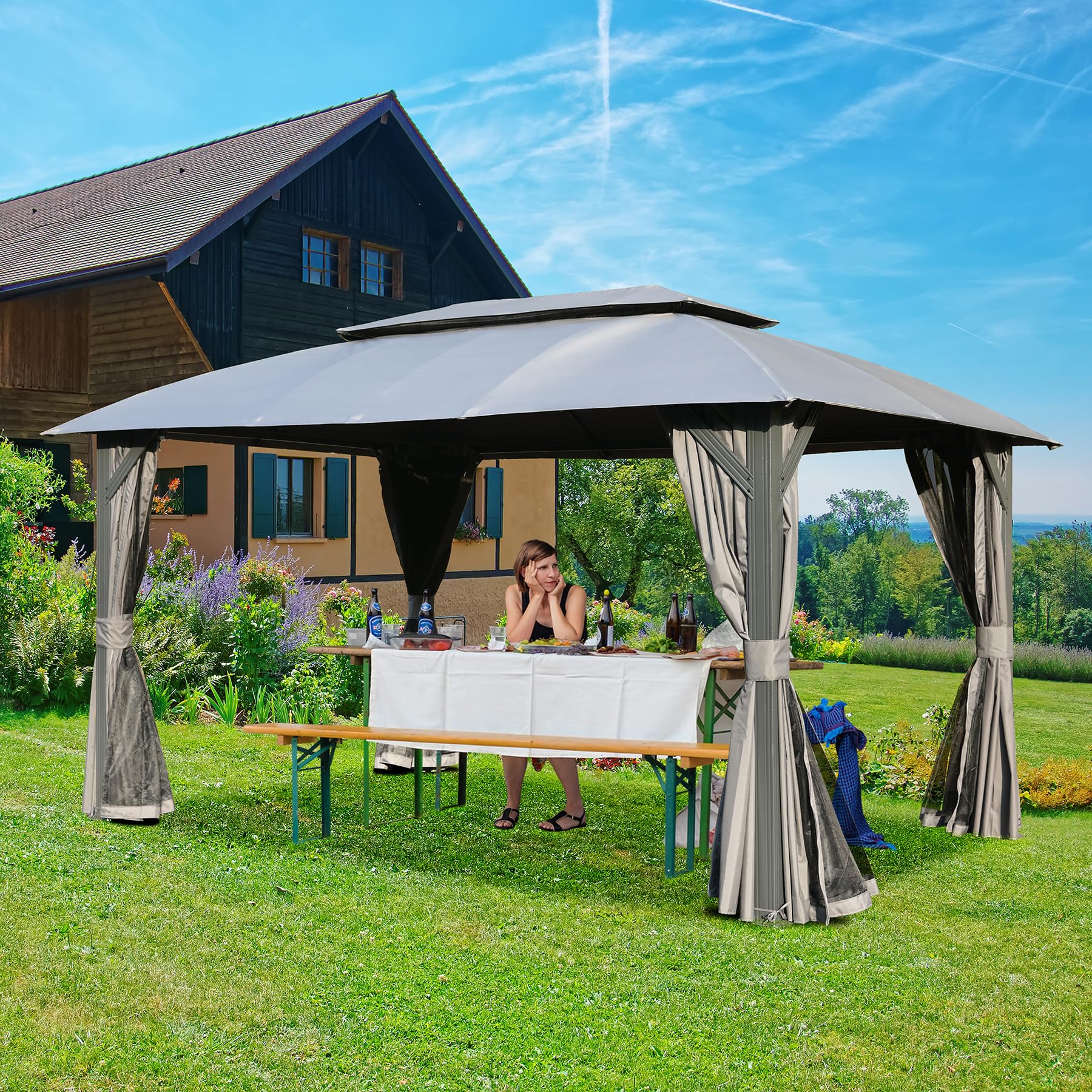 Gazebo 10x14FT, Outdoor Gazebo with Double Roofs, Privacy Curtains, Mosquito Nettings, Heavy Duty Metal Frame Party Tent Canopy for Patio, Backyard, Deck, Lawn, Grey/Brown