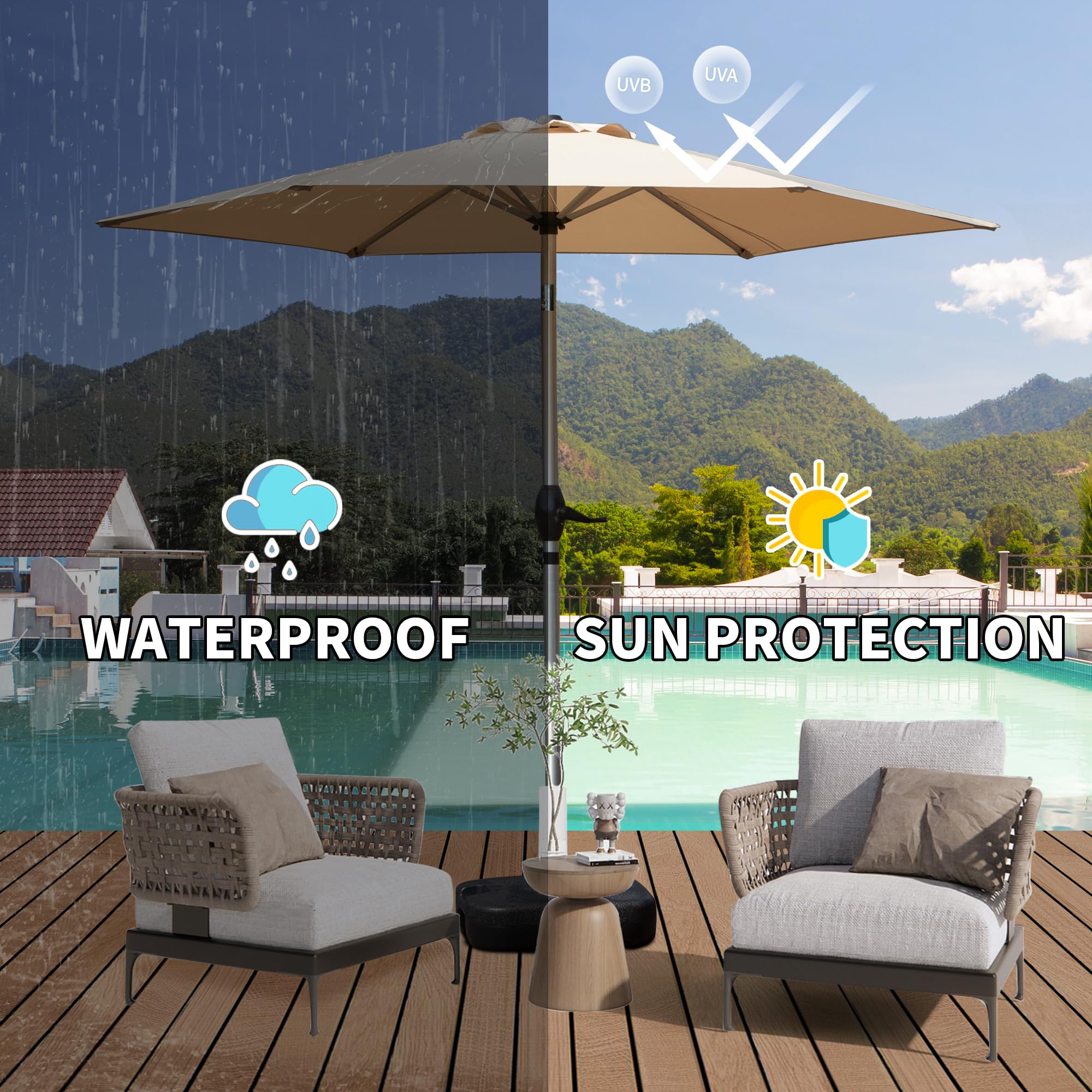 7.5FT Patio Umbrella, Outdoor Table Umbrella with Push Button Tilt and Crank, UV Protection Waterproof Market Sun Umbrella with 8 Sturdy Ribs for Garden, Deck, Backyard, Pool (Beige/Brick red/Navy Blue/Gray)
