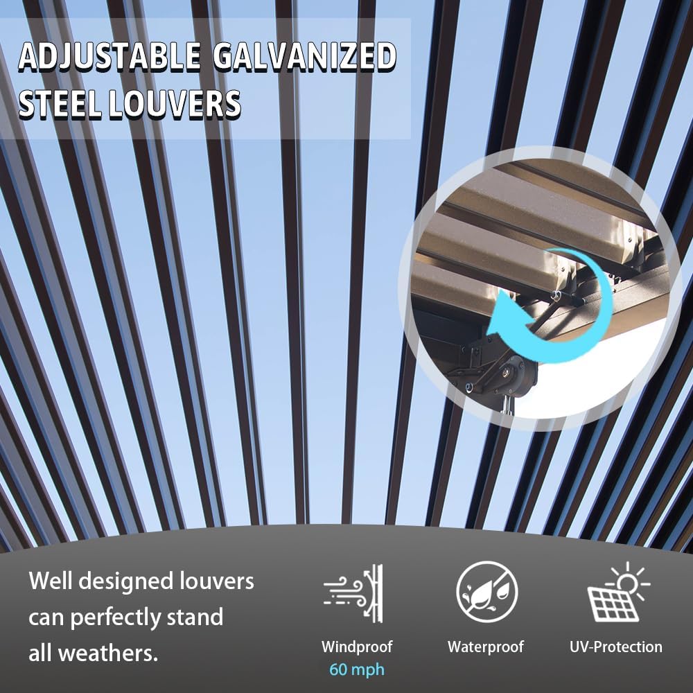 Louvered Pergola 10X20FT, Wood Grain Aluminum Pergola with Adjustable Roof, Wood Looking Aluminum Frame, Efficient Drainage System, Outdoor Pergola for Patio, Deck, Garden