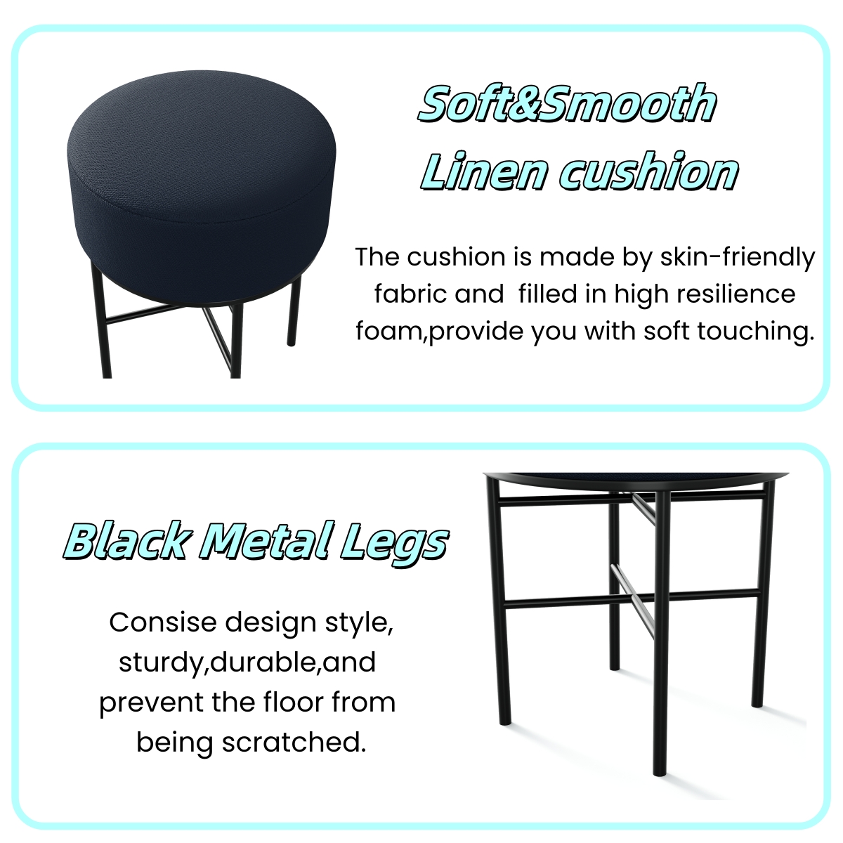 2 pcs Round Cushioned Vanity Stool, Linen Upholstered Vanity Stool for Makeup Room, Modern Soft Stool for Bar and Dining, Ottoman Footrest Stool with Metal Legs for Living Room, Bedroom(Matcha Green/Black) 