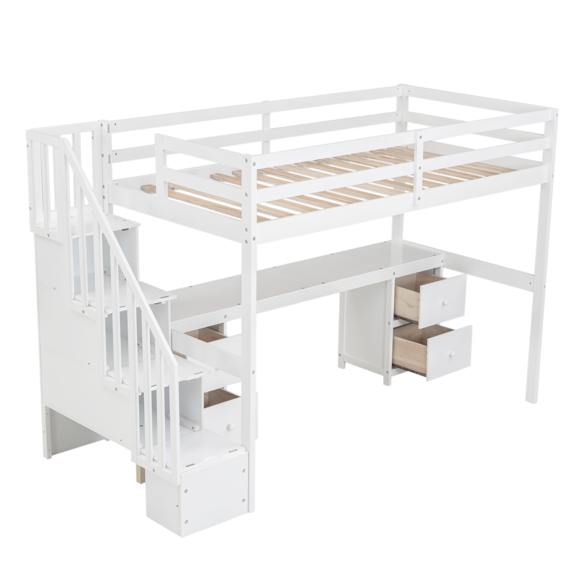 Twin Size Loft Bed Frame with Built-in Desk and Double Storage Drawers,White/Gray