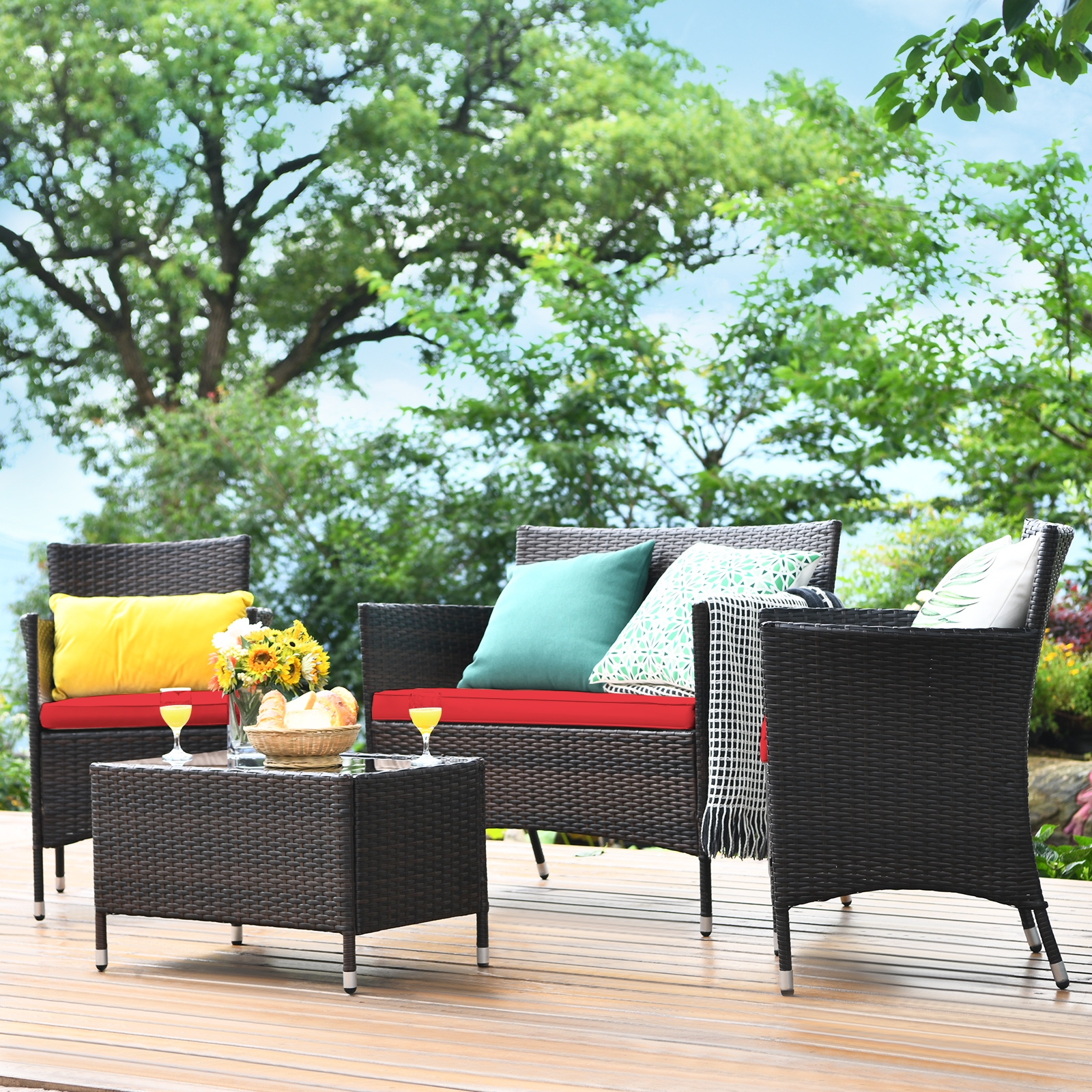 Mondawe 4 Pieces Rattan Outdoor Patio Conversation Furniture Set with Glass Table and Comfortable Wicker Sectional Sofa-Mondawe