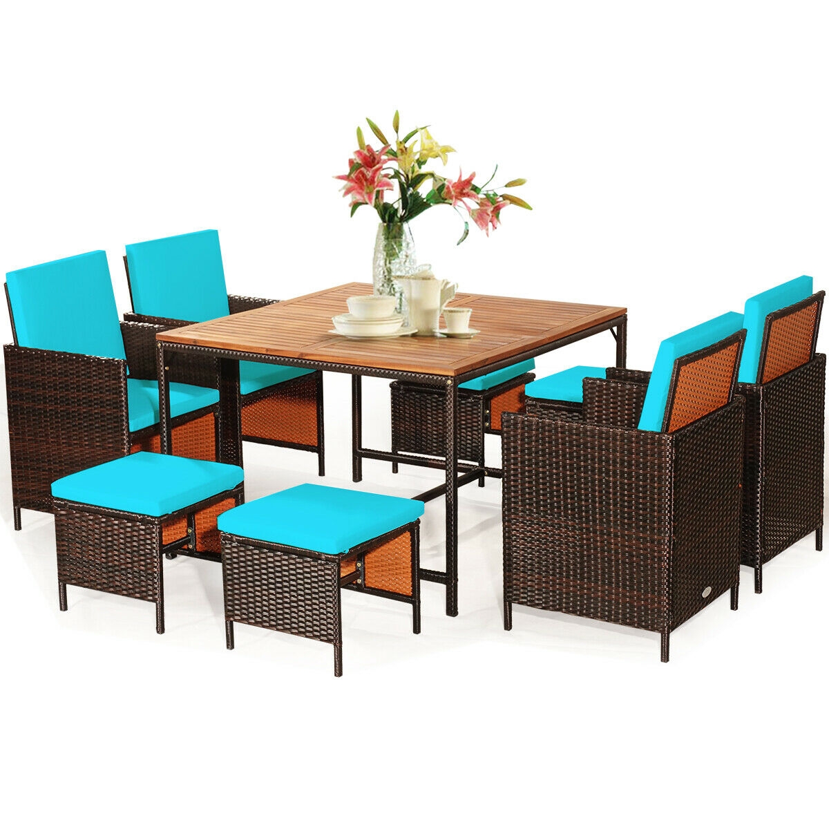 Mondawe 9PCS Patio Rattan Dining Cushioned Chairs Set-Turquoise-Mondawe