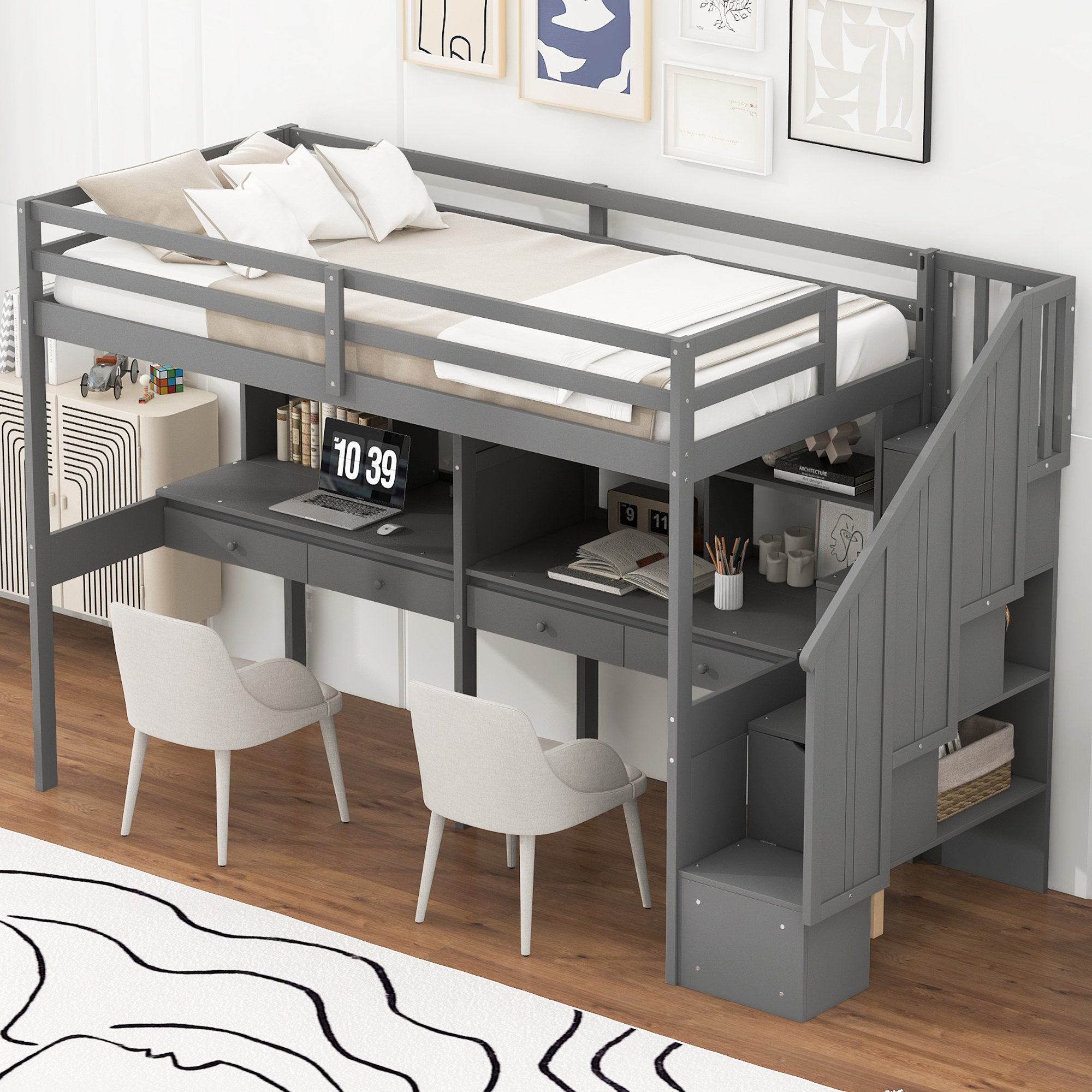 Twin Size Loft Bed Frame with Storage Staircase and Double Desks and Shelves,Gray/White