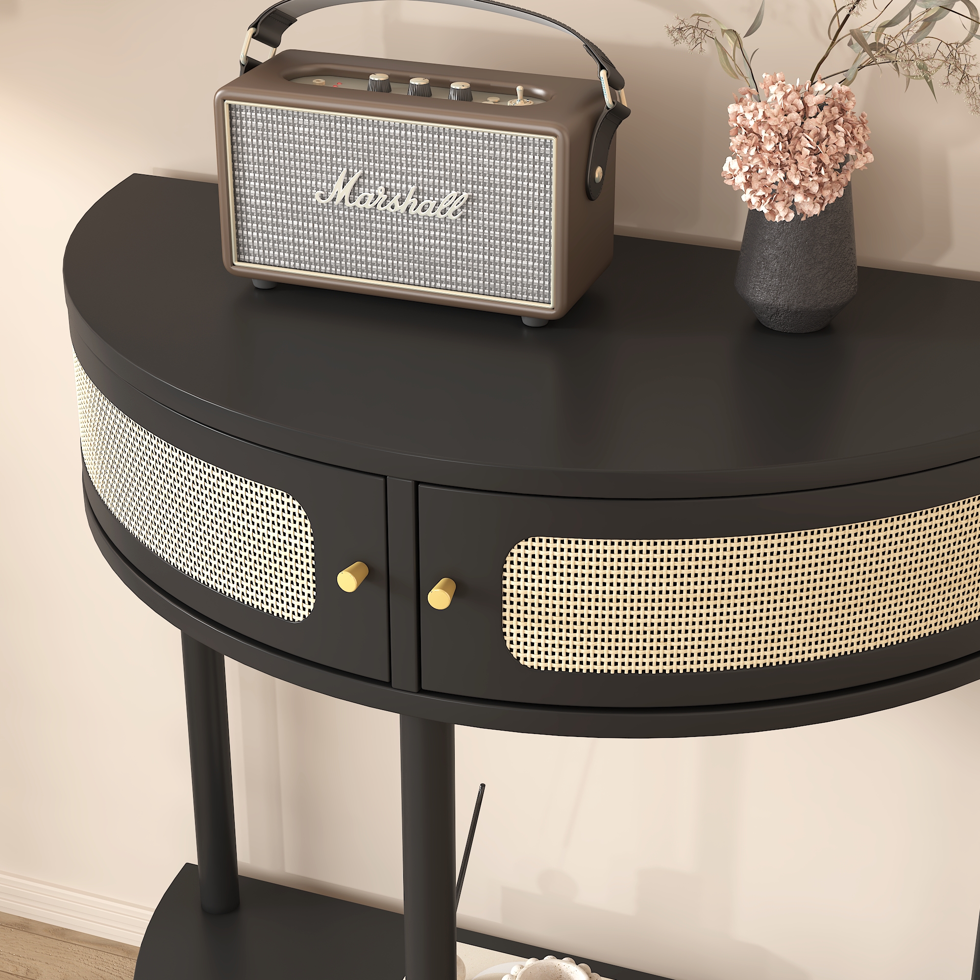 Unique Half Moon Design End Table with Sliding Rattan Door,Elegant Semi-circle Entryway Console Table with 2 Rattan Storage Cabinet and Bottom Shelf for Living room, Bedroom, Study, Hallway 