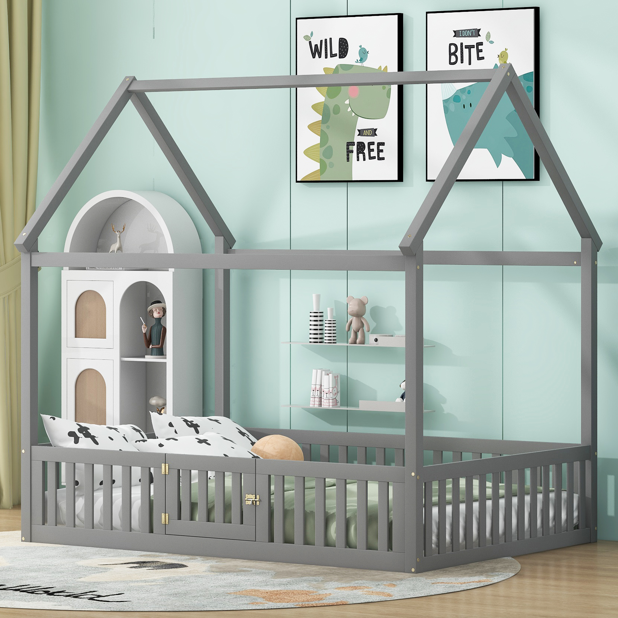 Twin/Full Size Wood House Bed with Fence and Door, Gray/White