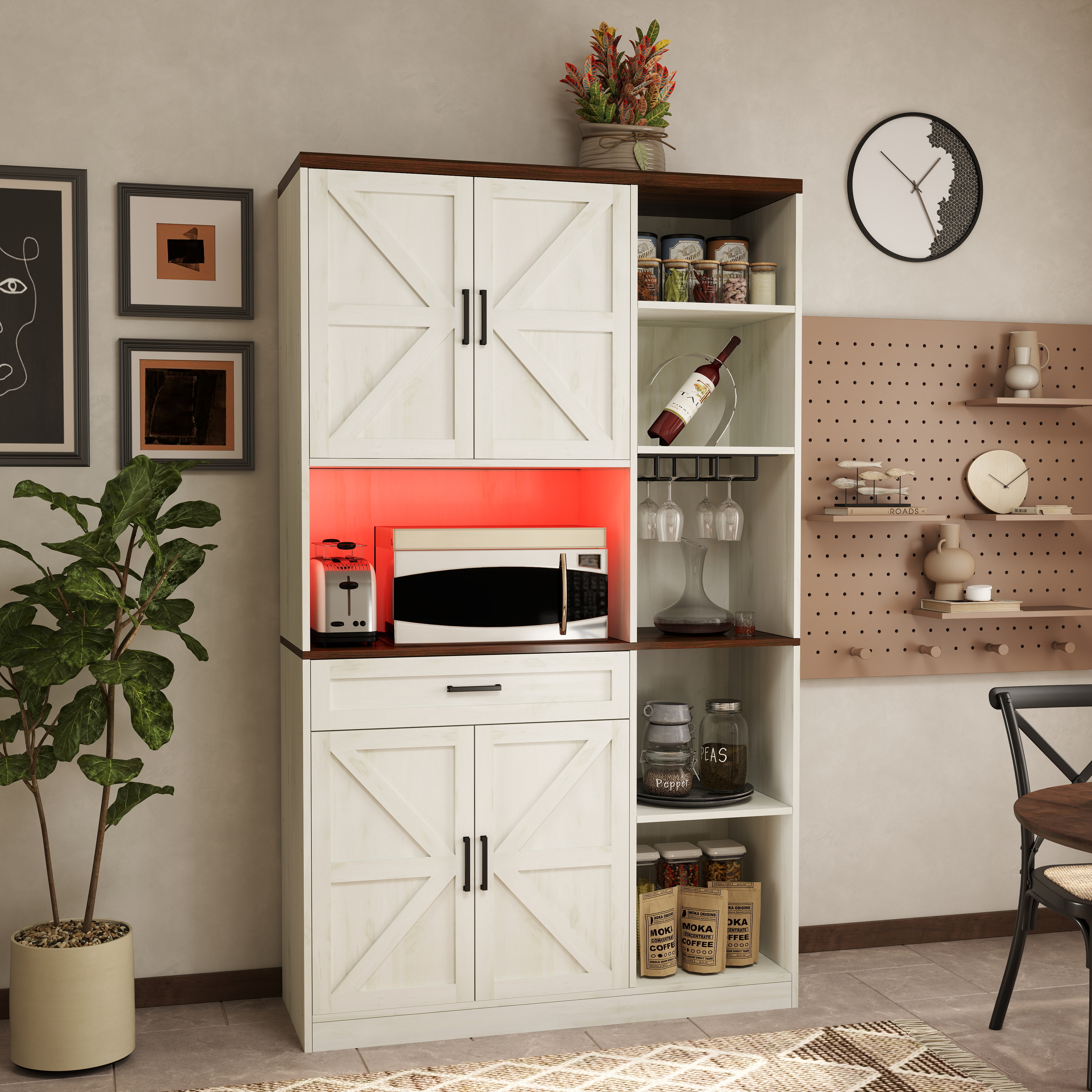 70.87'' Multifunctional Farmhouse Kitchen Pantry Sideboard with Cabinet and Drawer, Kitchen Buffet with Hutch and Glass Holder, Microwave Stand with Charging Station for Kitchen and Dining Room 