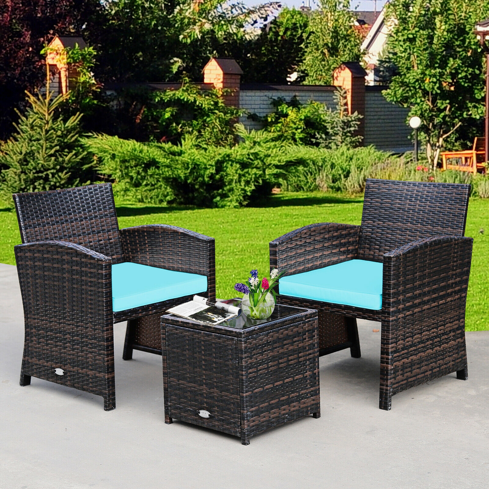 Mondawe 3 Pieces PE Rattan Wicker Furniture Set with Cushion Sofa Coffee Table for Garden-Turquoise-Mondawe