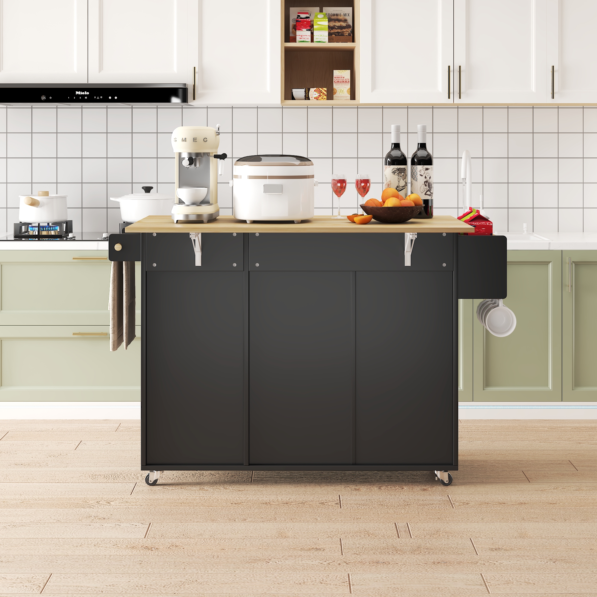 45.4" Farmhouse Black Rolling Kitchen Cart on Wheels with Storage Cabinet, Mobile Kitchen Island cart with Drop Leaf Top, Spice Rack, Towel Bar, Adjustable Shelf, Drawers and Hooks 