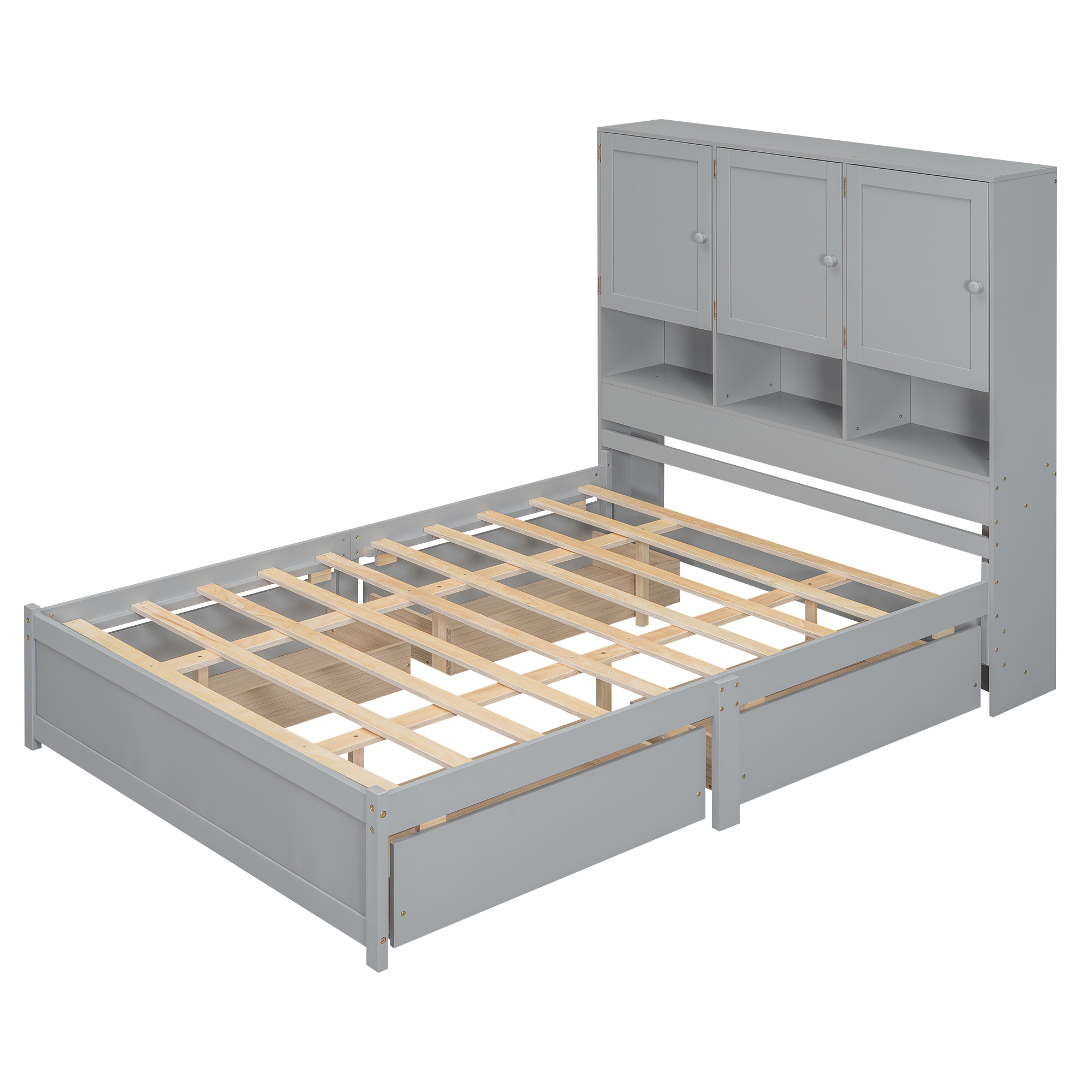 Full/Queen Size Platform Bed with Storage Headboard and 4 Drawers, Gray/White