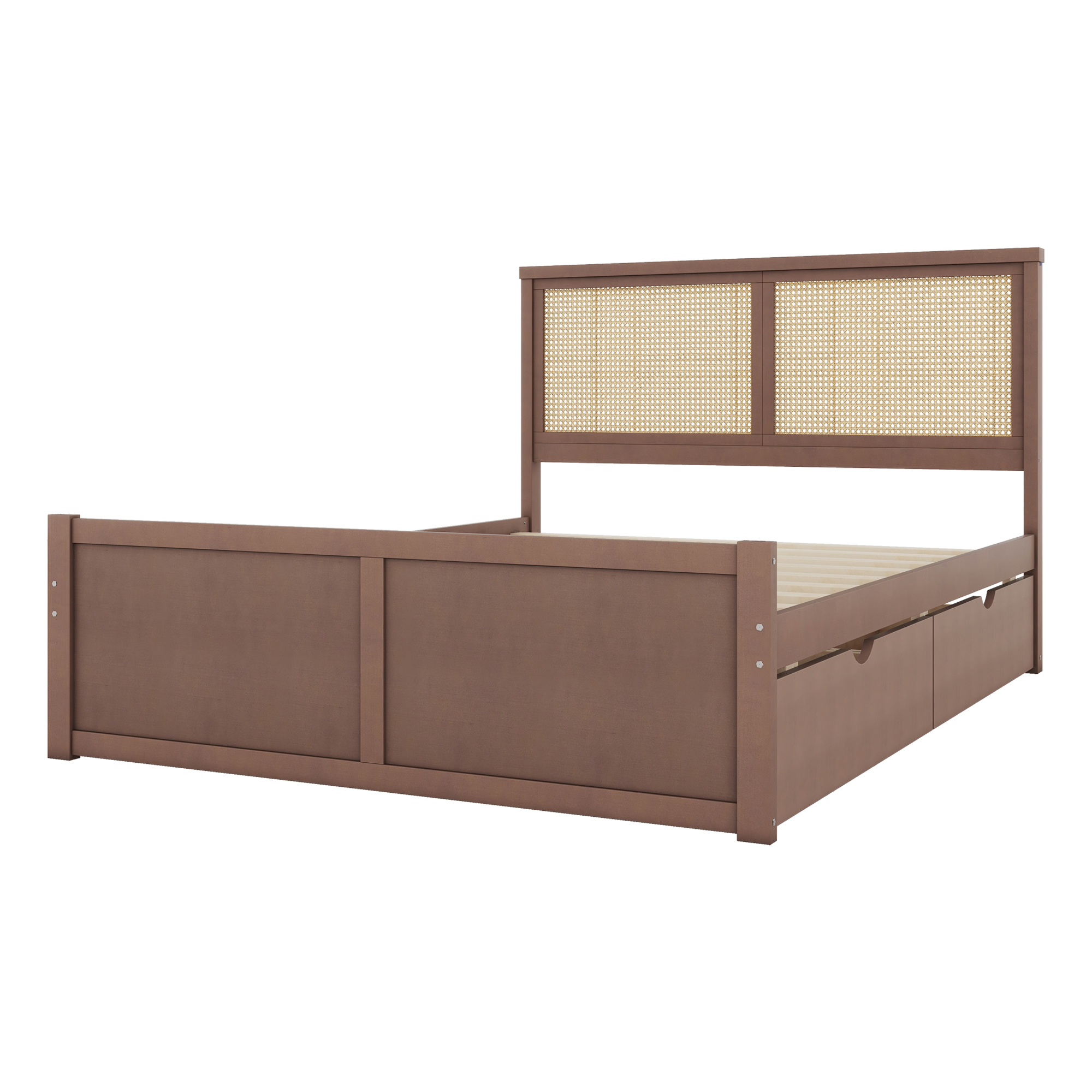Queen/Full Size Wood Storage Platform Bed with 4 Drawers, Rattan Headboard, Espresso/Nature 