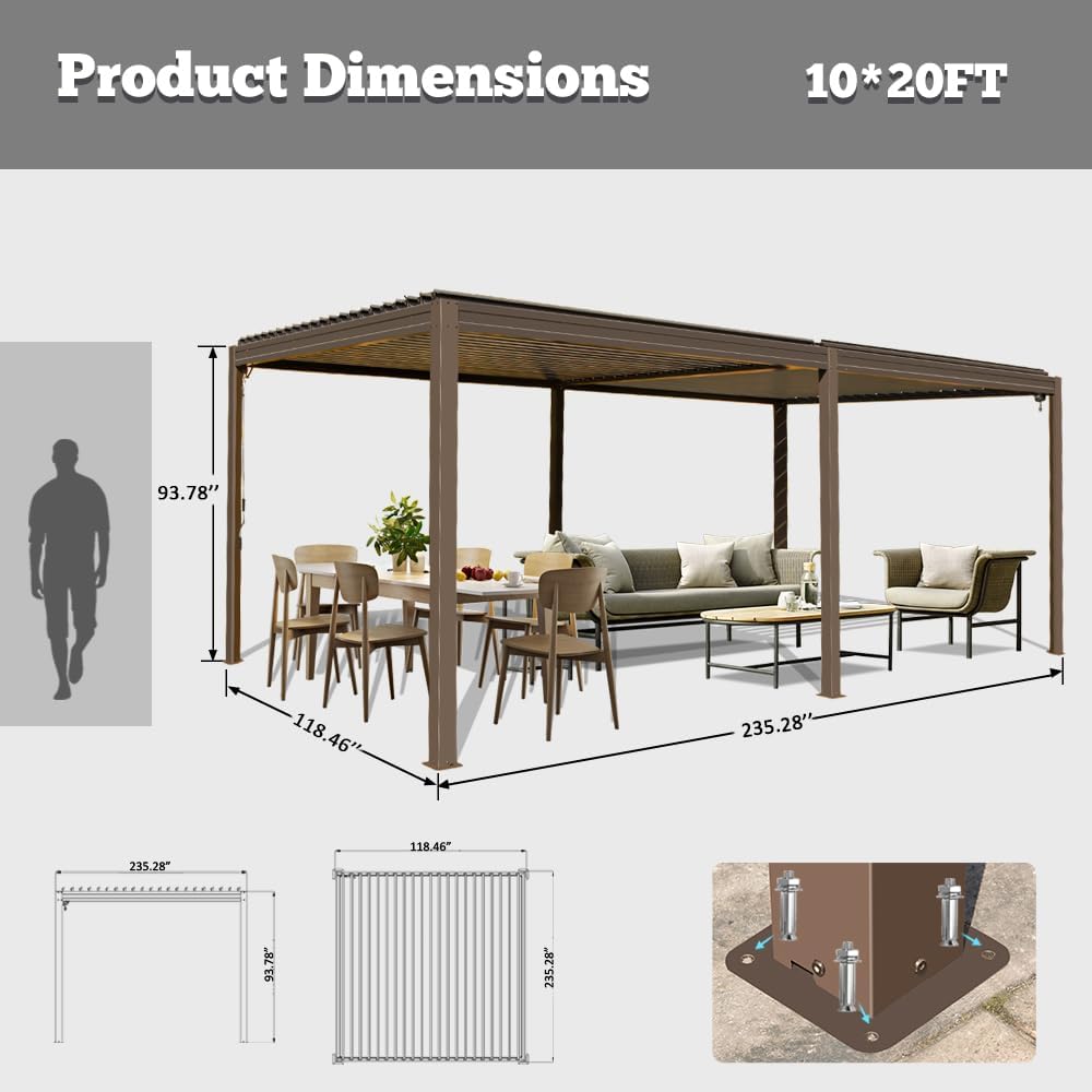 Louvered Pergola 10X20FT, Wood Grain Aluminum Pergola with Adjustable Roof, Wood Looking Aluminum Frame, Efficient Drainage System, Outdoor Pergola for Patio, Deck, Garden