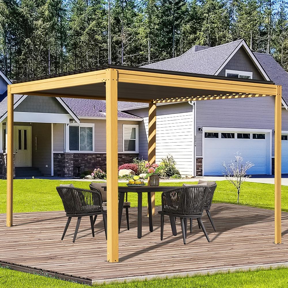 Louvered Pergola 10X10FT, Wood Grain Aluminum Pergola with Adjustable Roof, Wood Looking Aluminum Frame, Efficient Drainage System, Outdoor Pergola for Patio, Deck, Garden