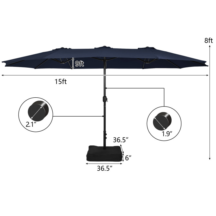 Mondawe 15ft Double-Sided Rectangular Patio Market Umbrella with Crank and Base