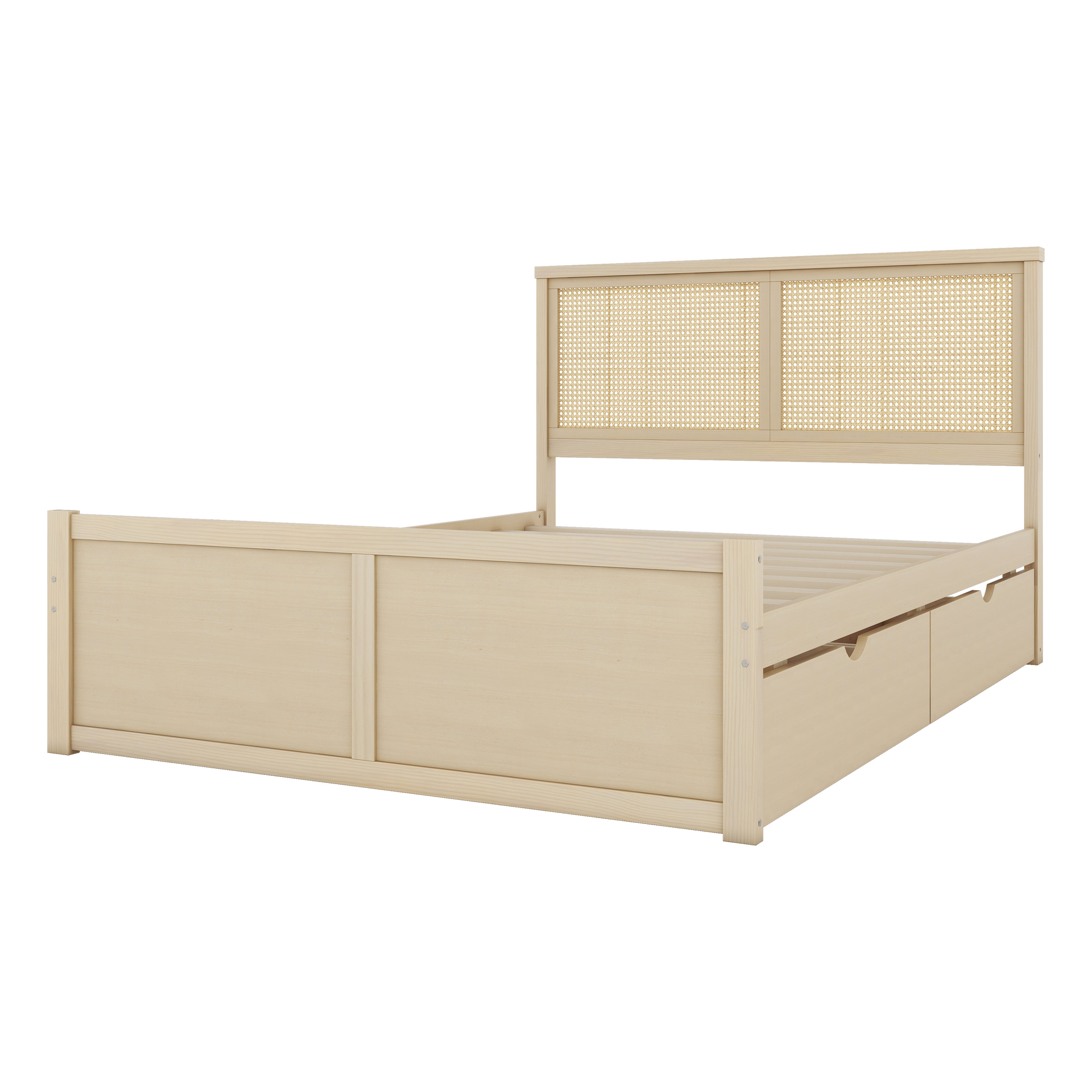 Queen/Full Size Wood Storage Platform Bed with 4 Drawers, Rattan Headboard, Espresso/Nature 