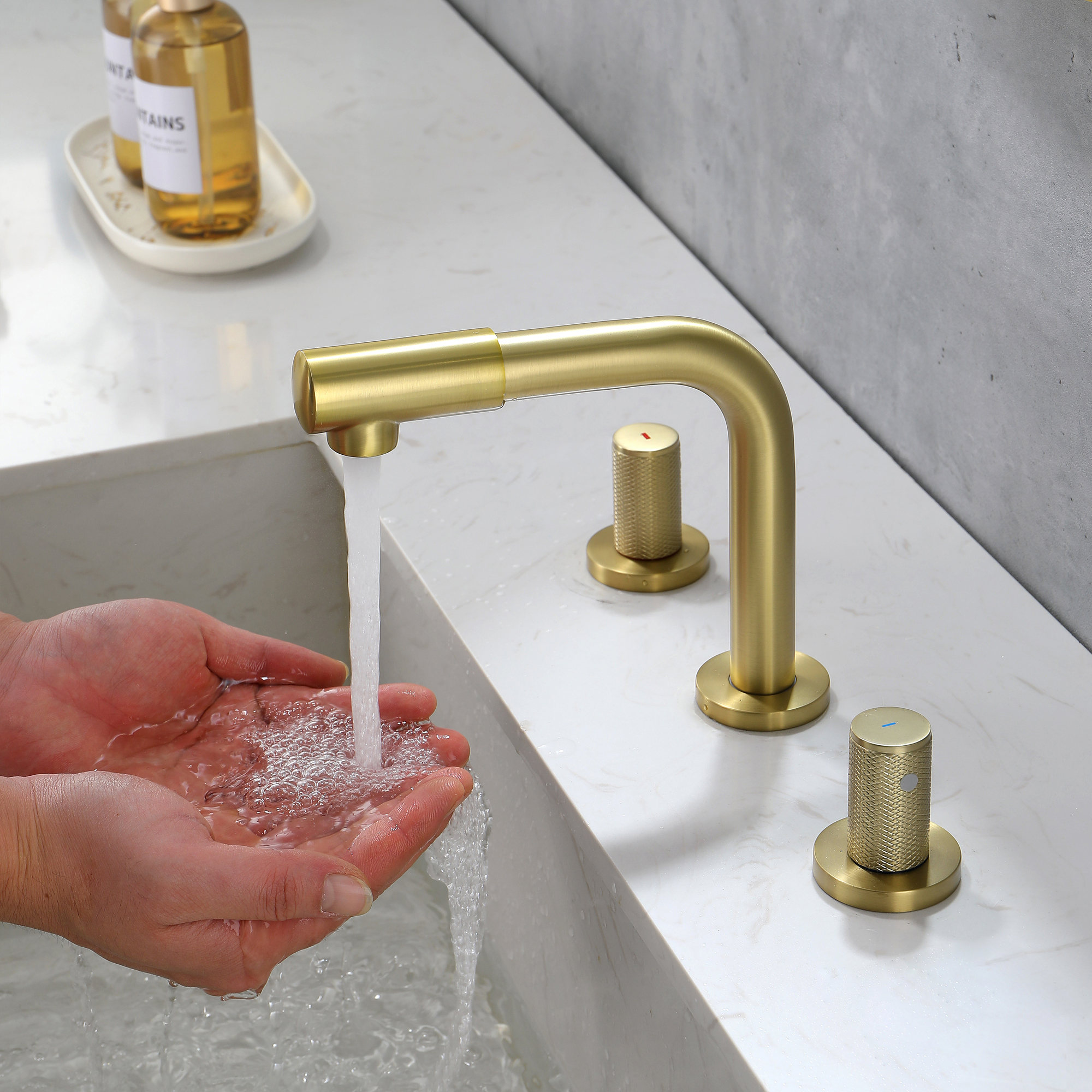 6.5 in. Faucet Height Double Handle 8" Widespread Brass 3 Hole Bathroom Sink Faucet Bath Faucets in Matte Black/Brushed Gold