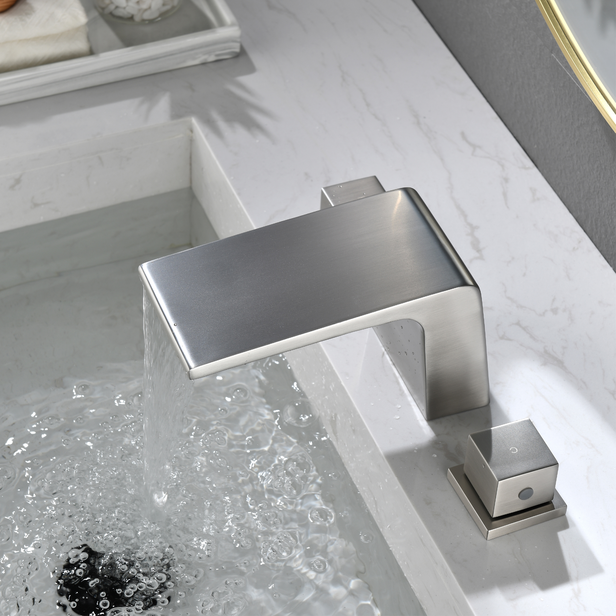 8 in. Waterfall Widespread 2-Handle Bathroom Faucet Waterfall Spout Center Wide-Spread Faucet in Brushed Gold/Brushed Nickel/Brushed Black Chrome