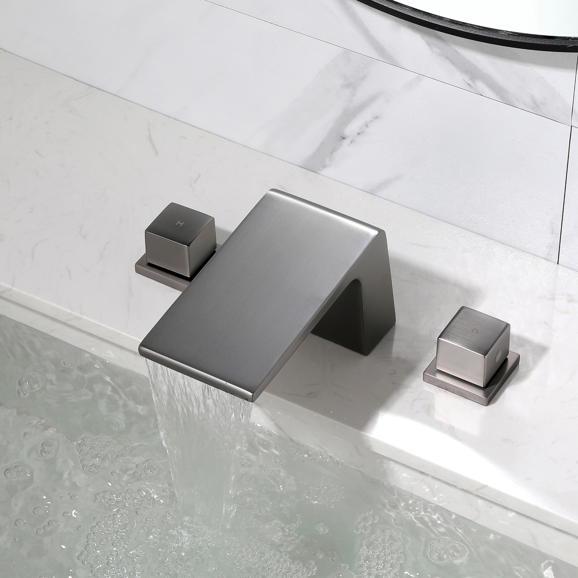 8 in. Waterfall Widespread 2-Handle Bathroom Faucet Waterfall Spout Center Wide-Spread Faucet in Brushed Gold/Brushed Nickel/Brushed Black Chrome