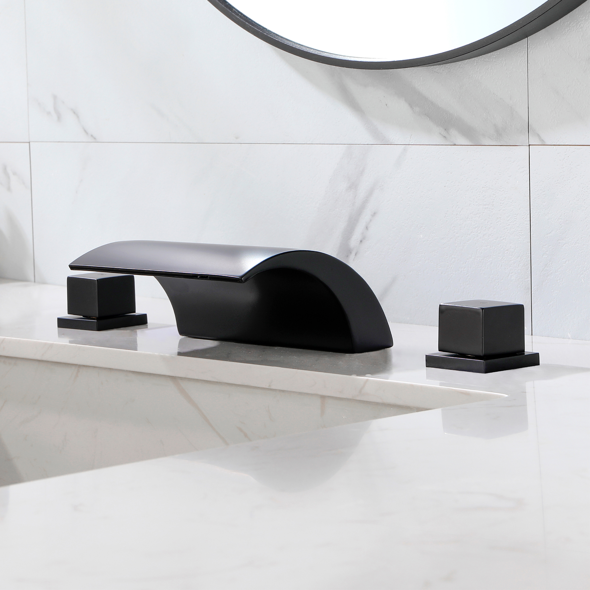 12 in. Waterfall Arc-shaped Widespread Double-Handle Bathroom Faucet Center Widespread Low Arc Faucet in Matte Black/Brushed Gold/Brushed Nickel