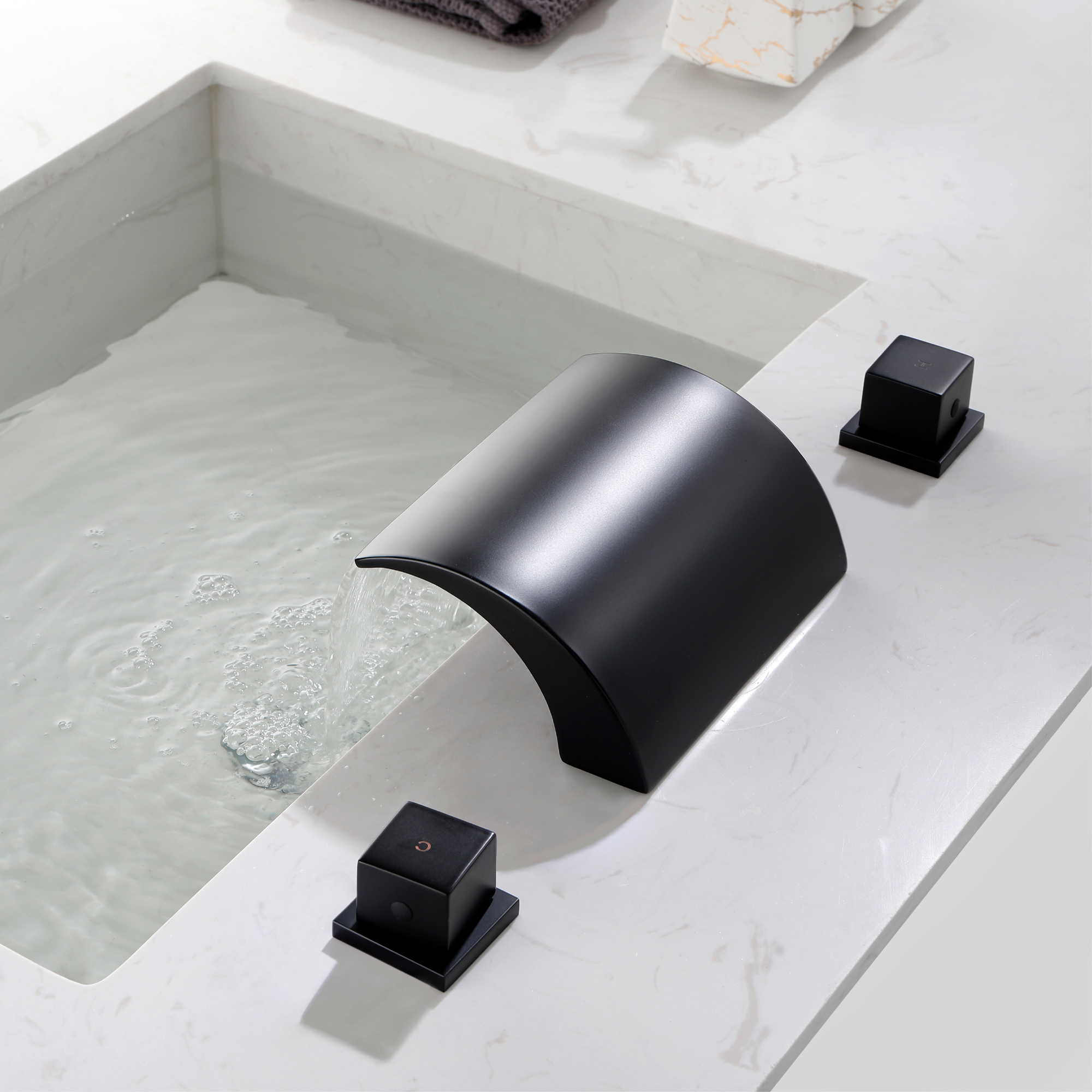 12 in. Waterfall Arc-shaped Widespread Double-Handle Bathroom Faucet Center Widespread Low Arc Faucet in Matte Black/Brushed Gold/Brushed Nickel