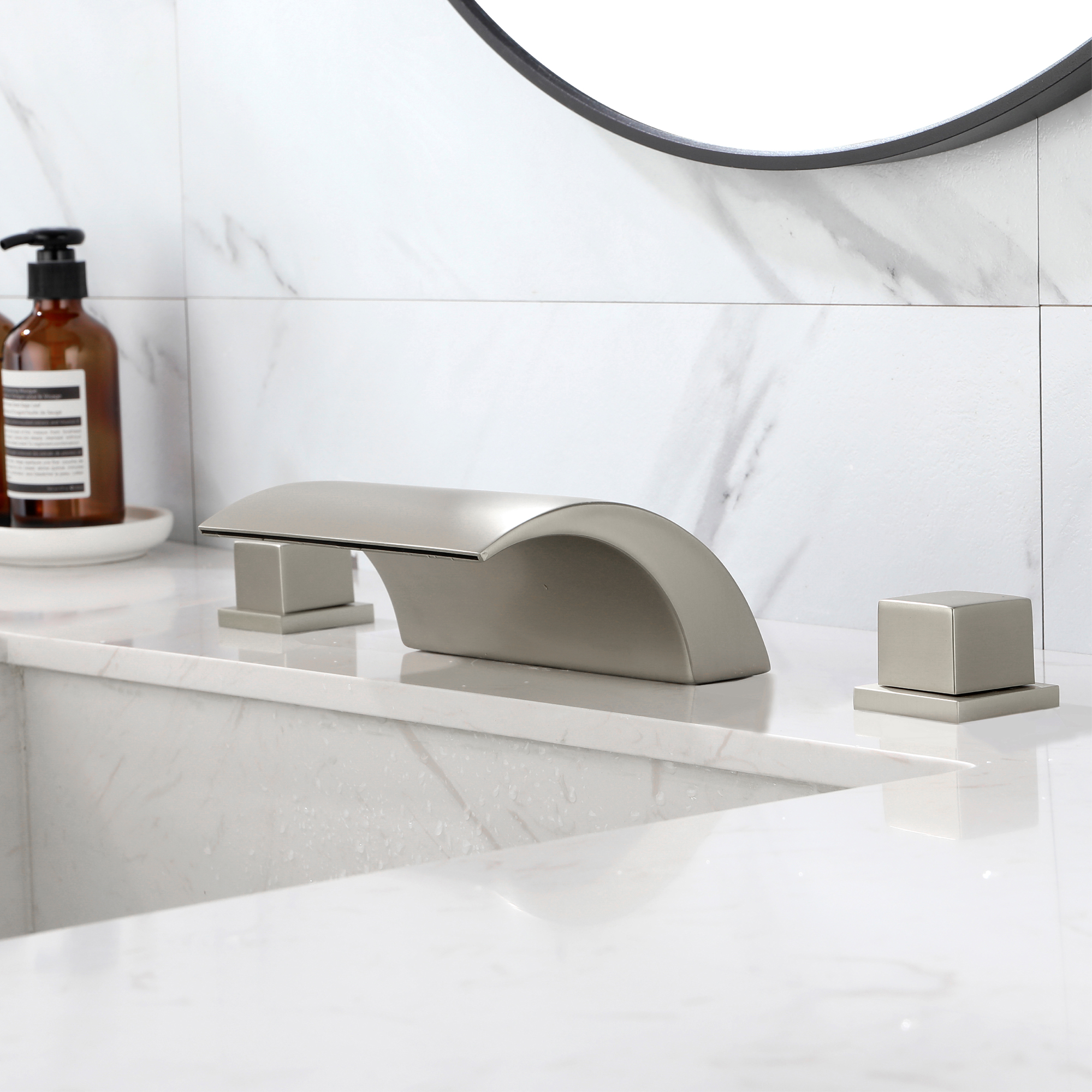 12 in. Waterfall Arc-shaped Widespread Double-Handle Bathroom Faucet Center Widespread Low Arc Faucet in Matte Black/Brushed Gold/Brushed Nickel