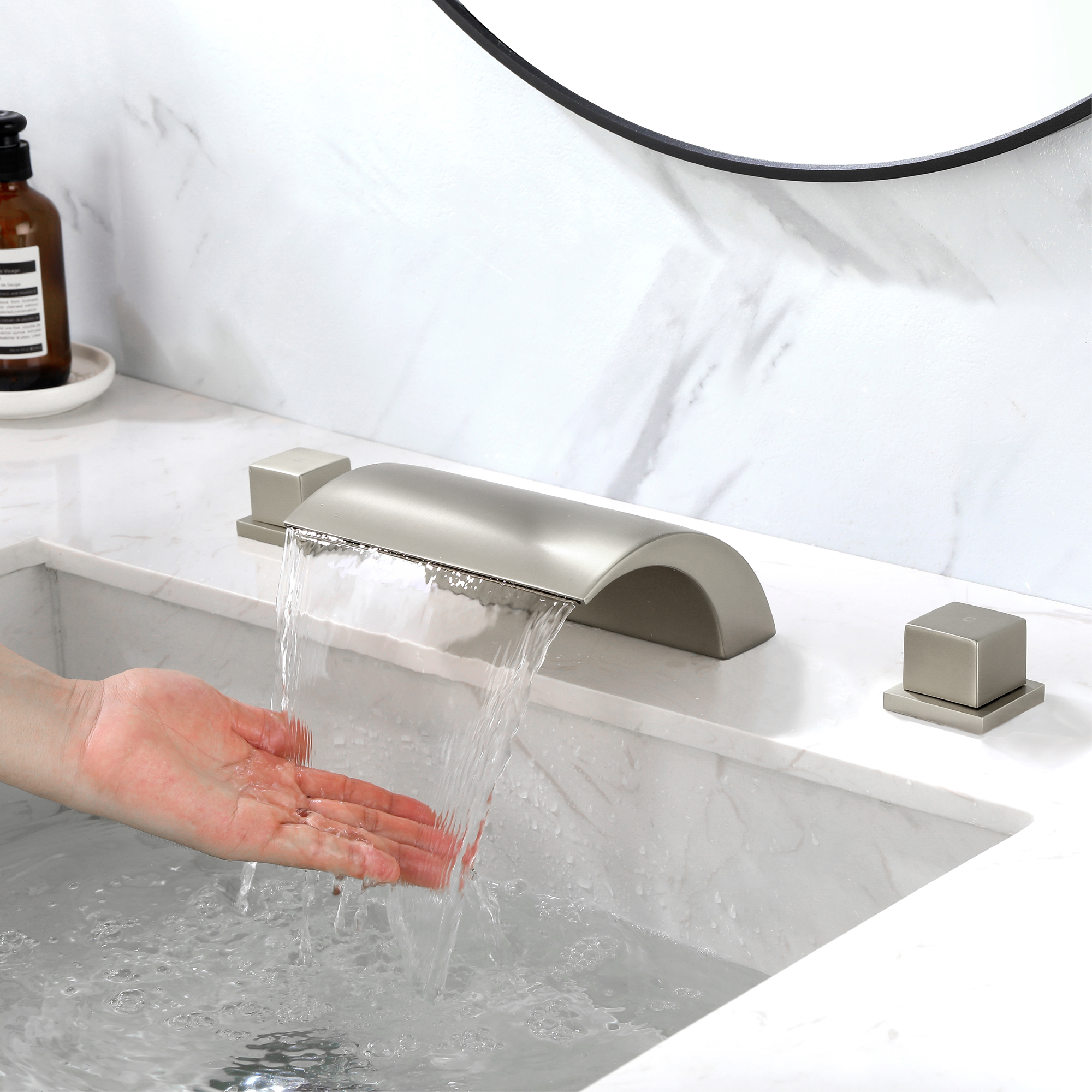 12 in. Waterfall Arc-shaped Widespread Double-Handle Bathroom Faucet Center Widespread Low Arc Faucet in Matte Black/Brushed Gold/Brushed Nickel