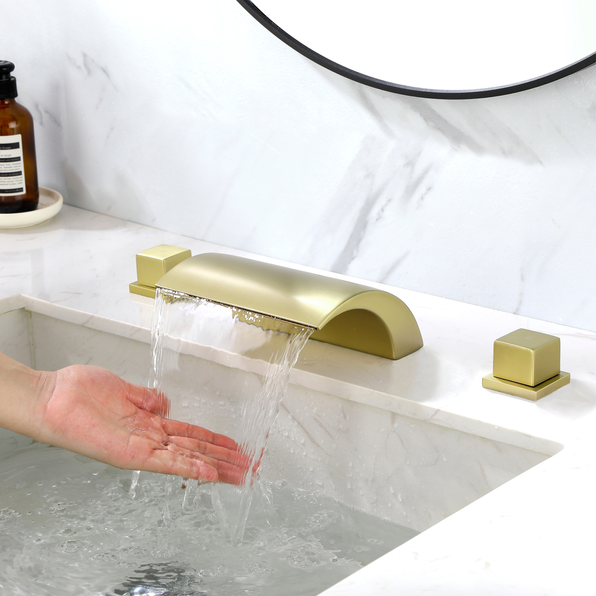 12 in. Waterfall Arc-shaped Widespread Double-Handle Bathroom Faucet Center Widespread Low Arc Faucet in Matte Black/Brushed Gold/Brushed Nickel