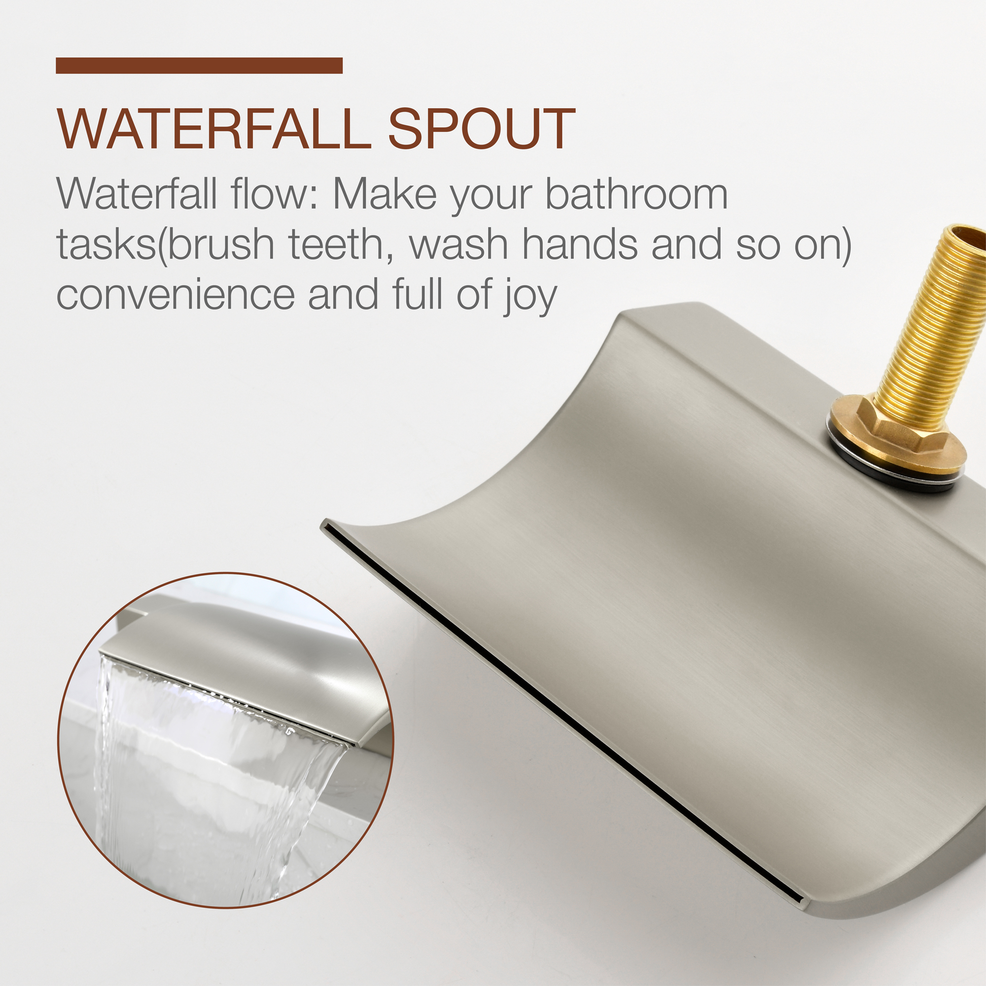 12 in. Waterfall Arc-shaped Widespread Double-Handle Bathroom Faucet Center Widespread Low Arc Faucet in Matte Black/Brushed Gold/Brushed Nickel