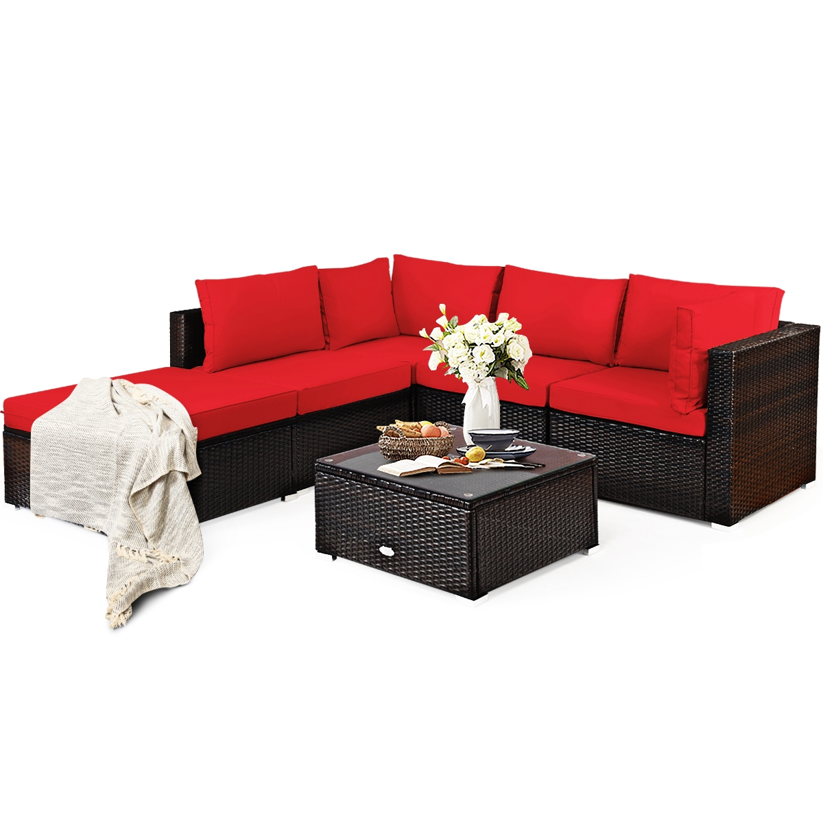 Mondawe 6 Pieces Outdoor Patio Rattan Furniture Set Sofa Ottoman-Red-Mondawe