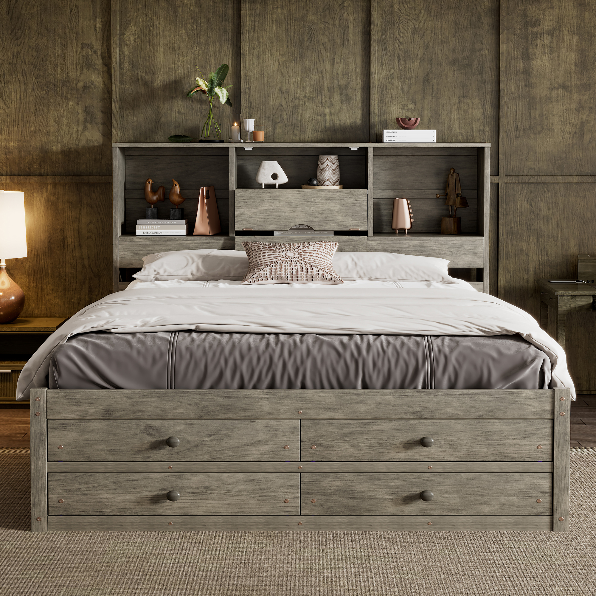 Queen/King Size Platform Bed with Storage Headboard and 8 Drawers, White/Gray
