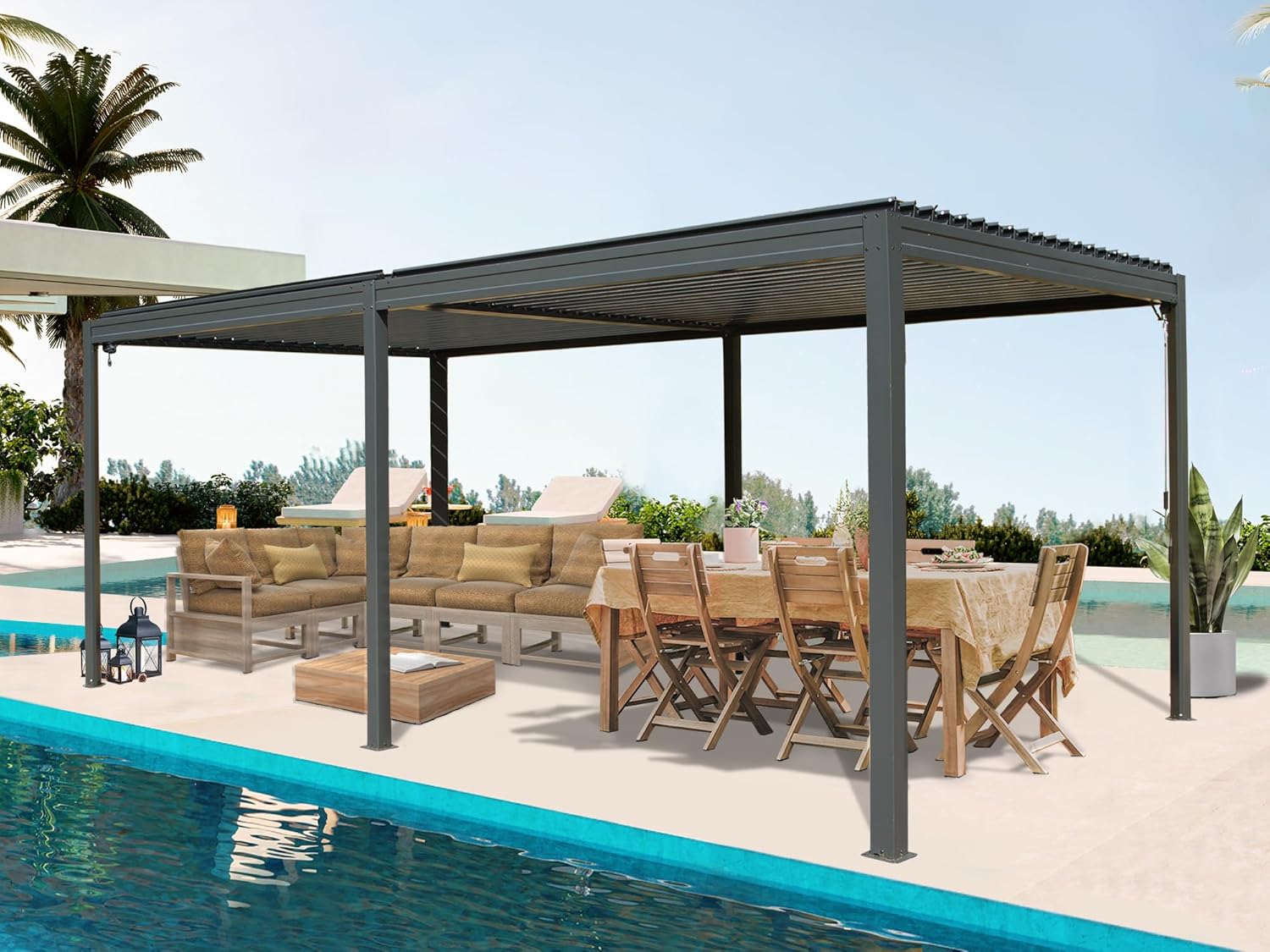 Louvered Pergola 10X20FT, Wood Grain Aluminum Pergola with Adjustable Roof, Wood Looking Aluminum Frame, Efficient Drainage System, Outdoor Pergola for Patio, Deck, Garden