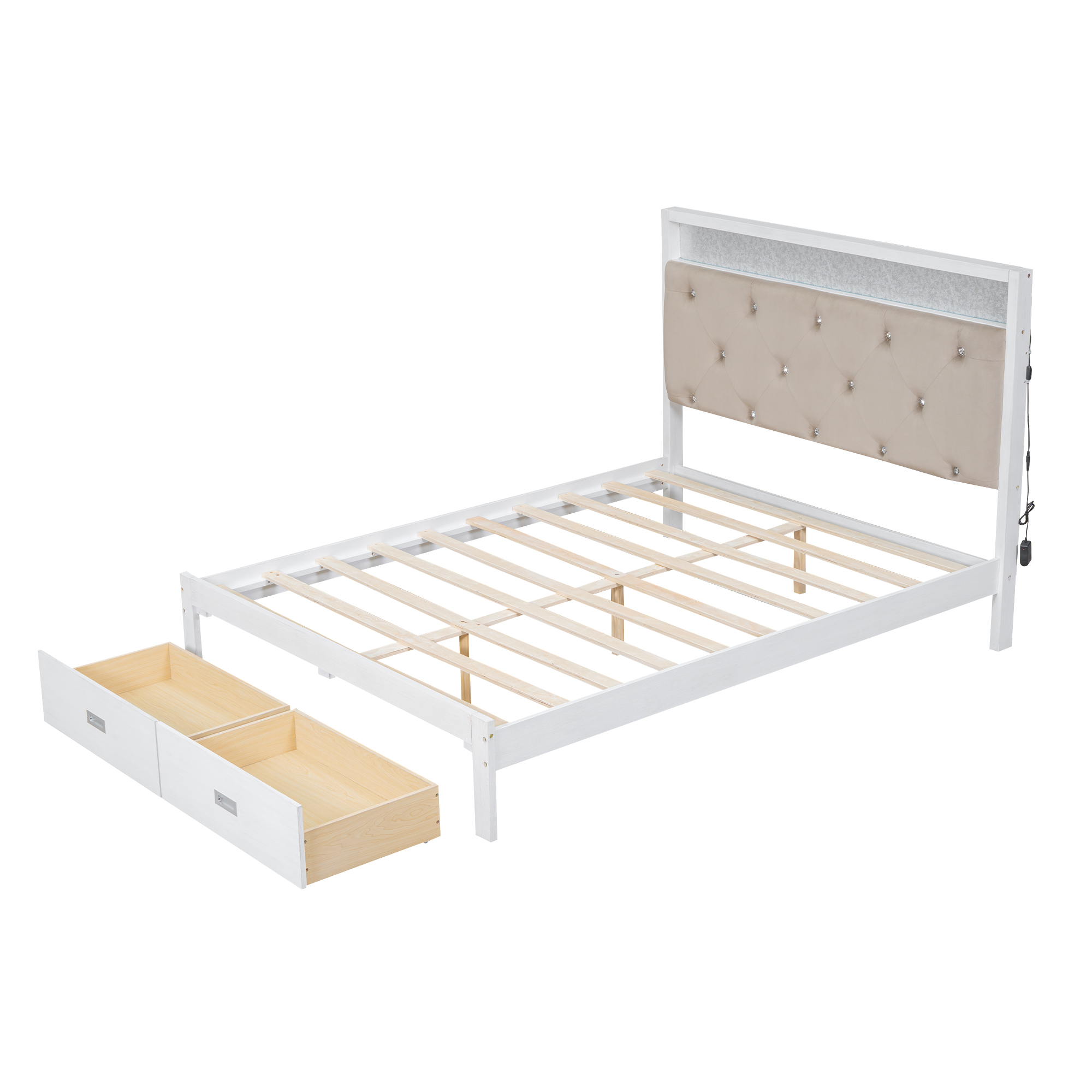 Wood Queen/Full Size Platform Bed with Upholstered Headboard and LED and 2 Drawers, Antique White 