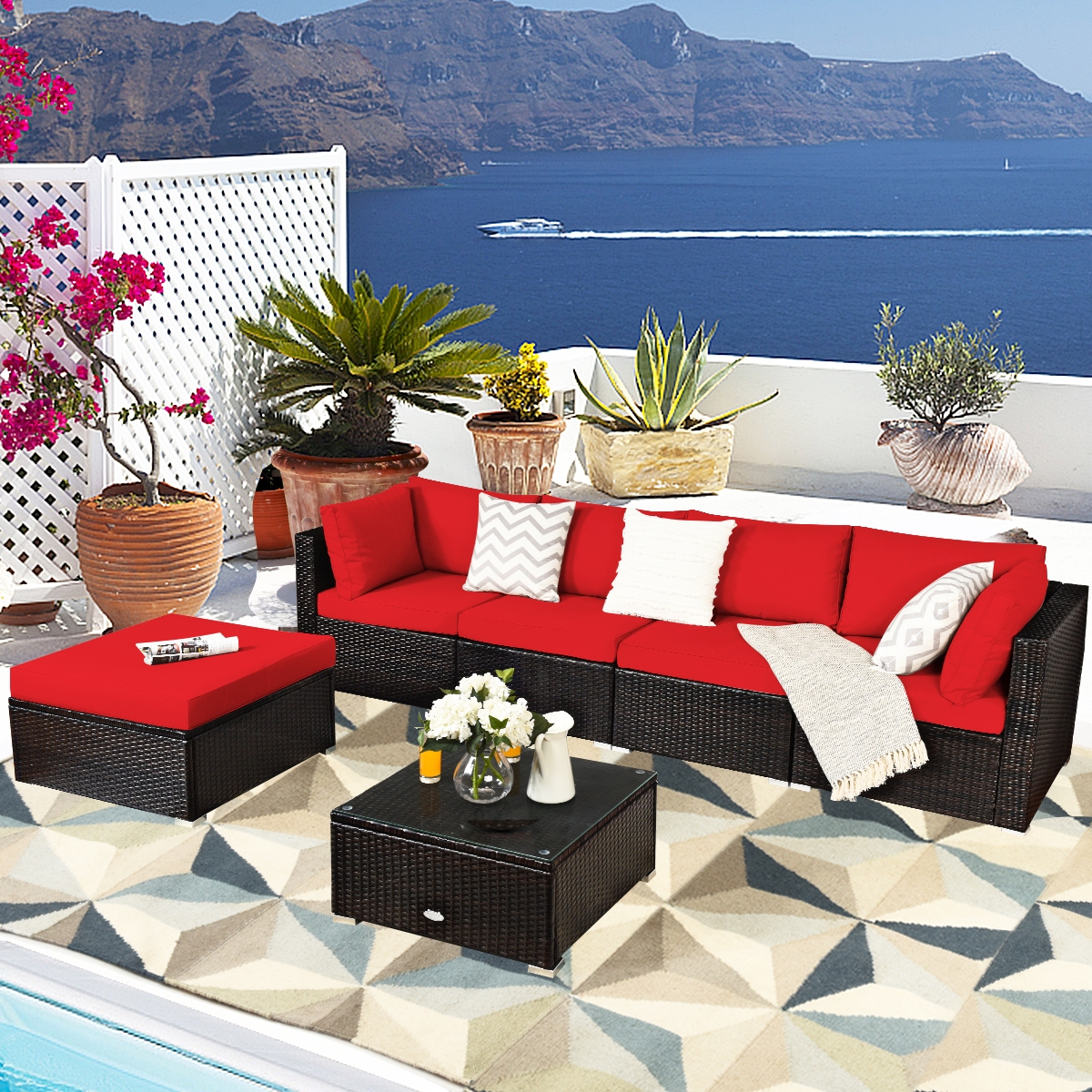 Mondawe 6 Pieces Outdoor Patio Rattan Furniture Set Sofa Ottoman-Red-Mondawe
