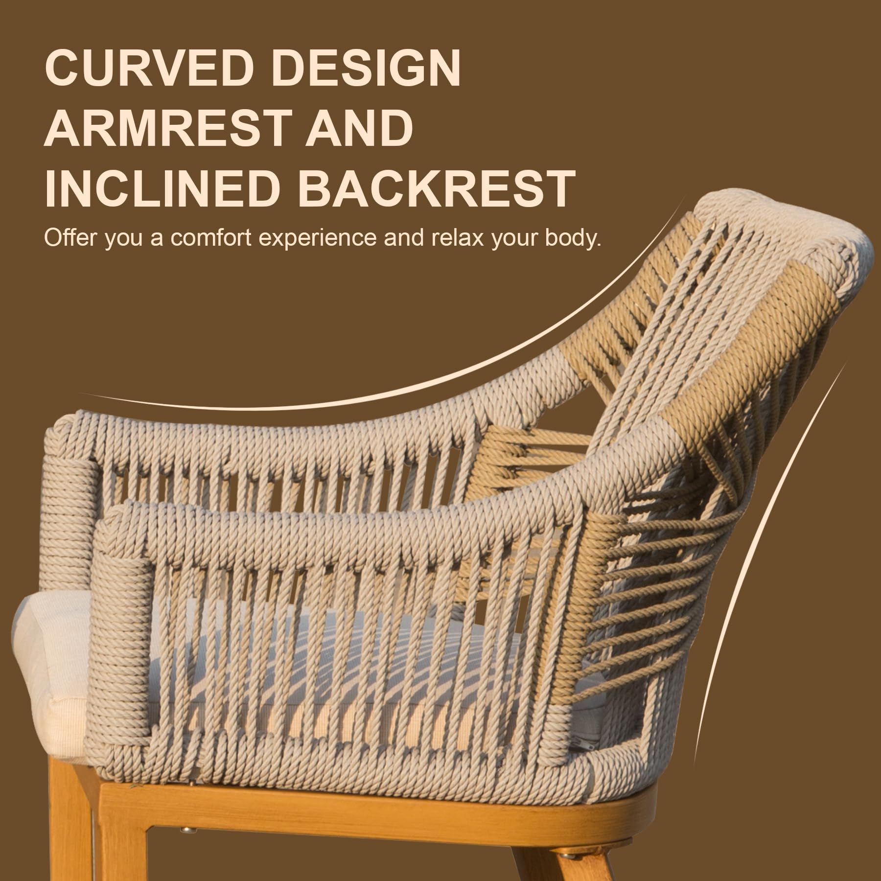 Bar Stools Set of 2, Outdoor Counter Height Bar Chairs with Arm and Backrest, Aluminum Tall Bar stools with Cushion Modern Textilene Rope Boho Barstools for Garden, Pool, Patio, Kitchen-Square Backres/Rounded Backre