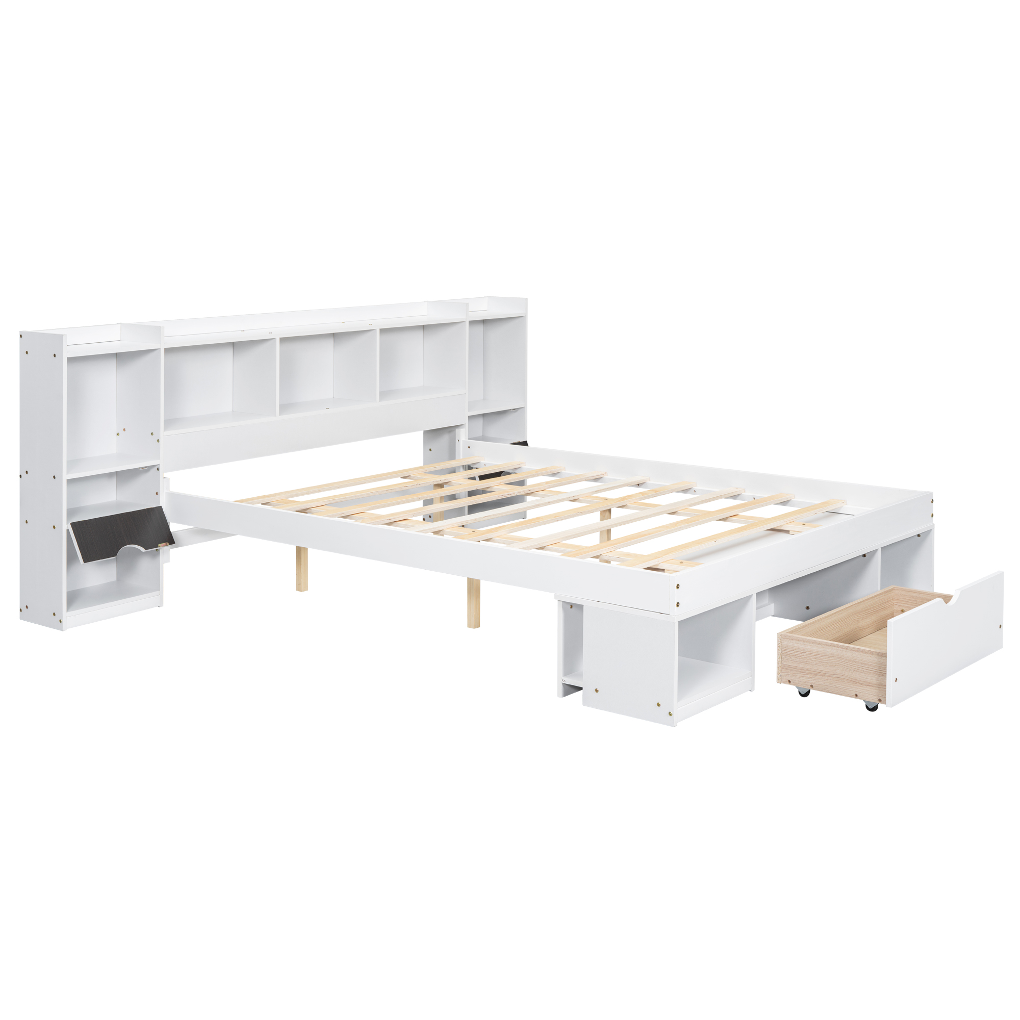 Queen Size Wood Platform Bed with Multi-storage Headboard and a Drawer, White/Gray